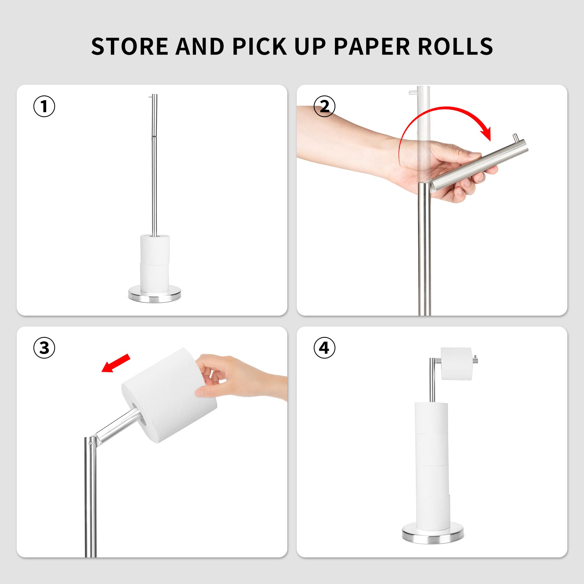 Stojak na papier toaletowy ze szczotkowanego niklu, 1 szt., wolnostojący stojak na papier toaletowy, przechowywanie papieru toaletowego z ciężką podstawą 1,2 kg na 4 + 1 rolki, uchwyt na papier