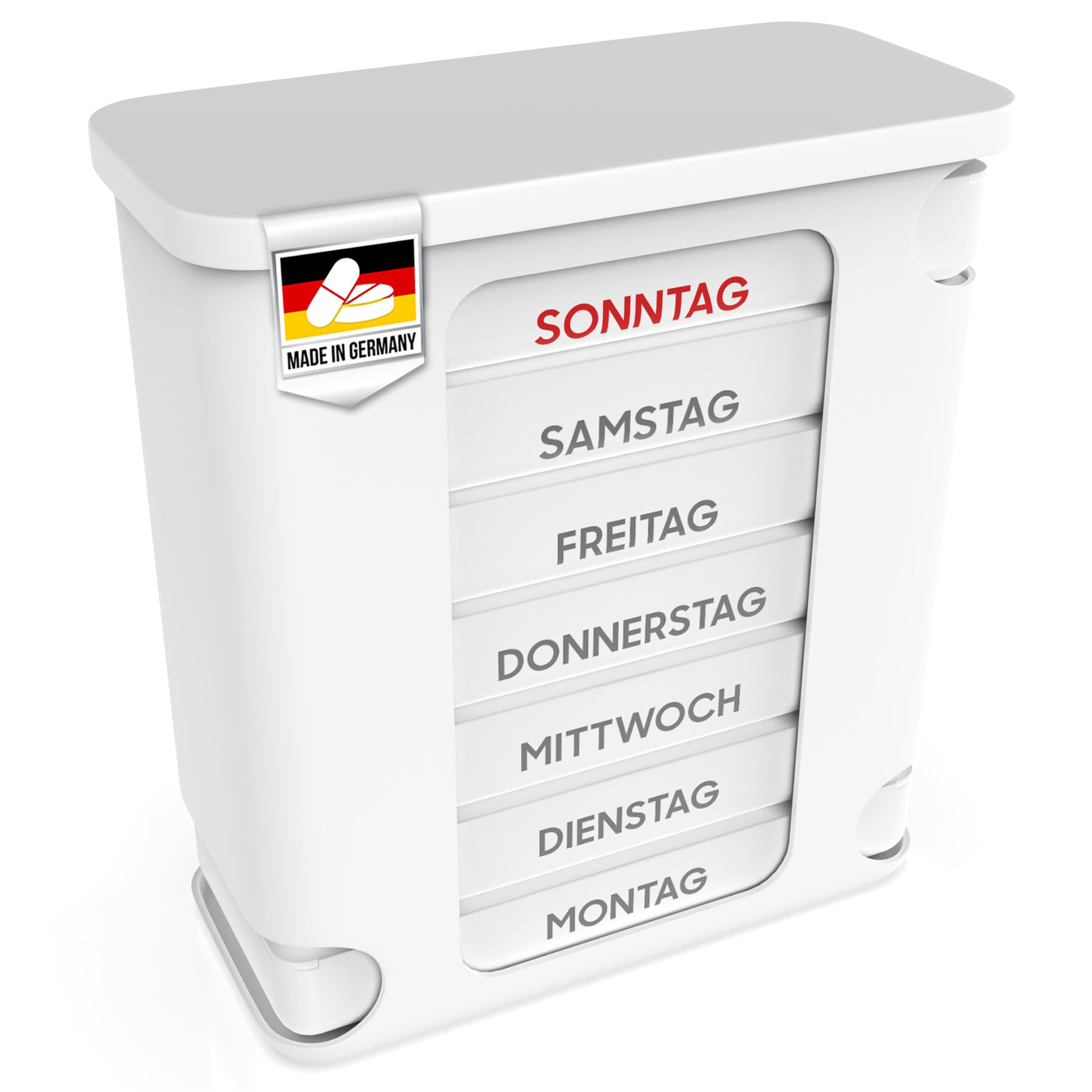 Portapillole 7 giorni con 4 scomparti – Prodotto in Germania – Compresse, Torre di pillole, pillole, dosatore per medicinali, scatola per la conservazione di compresse