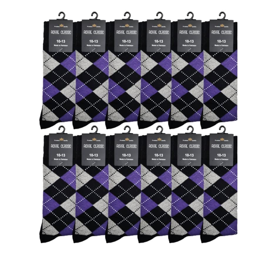 MENS ARGYLE PURPLE DRESS SOCKS WEDDING GROOMSMEN MATCHING SOCKS SET COTTON BLEND 12 PAIR 10-13