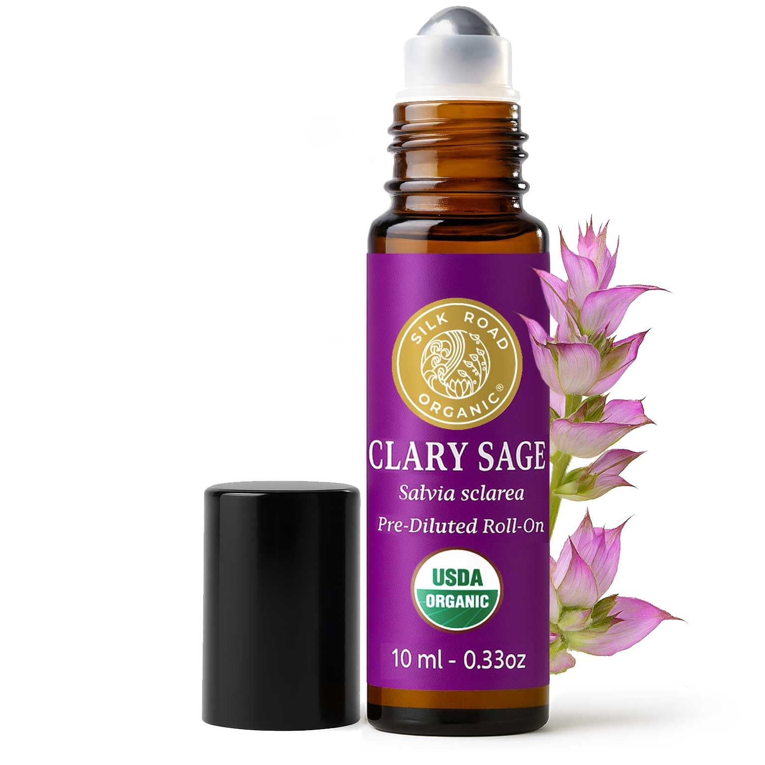 Silk Road Organic Clary Sage Essential Oil Roll On, 100% Pure USDA Certified Aromatherapy for PMS, Stress & Mental Clarity - 10 ml Roller - Always Pure, Always Organic