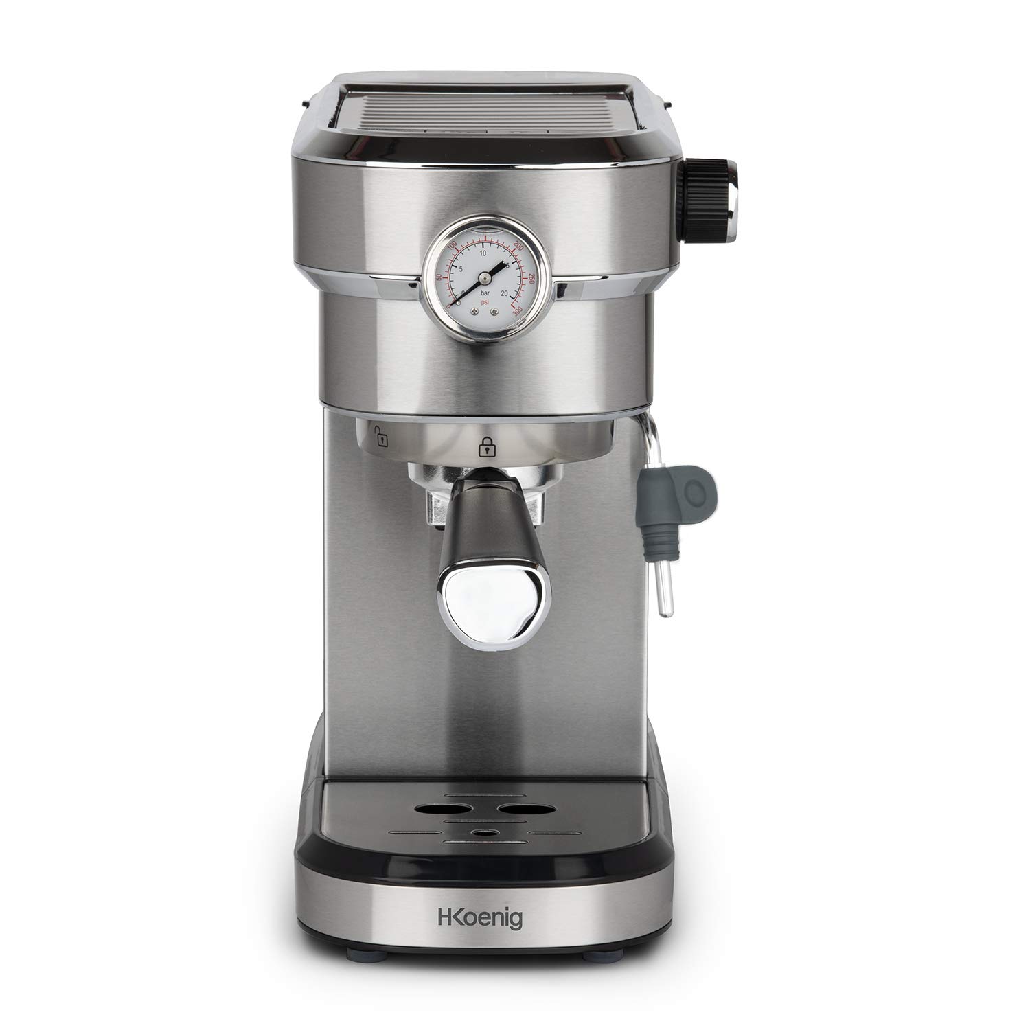 H.Koenig Professional Cafetera Espresso Automática Presión 20 Bar EXP820, Acero inox, Portátil, Sistema Thermoblock, 1.1L, Bomba barómetro, Calienta tazas, Espumador a vapor, Cafés y bebidas lácteas