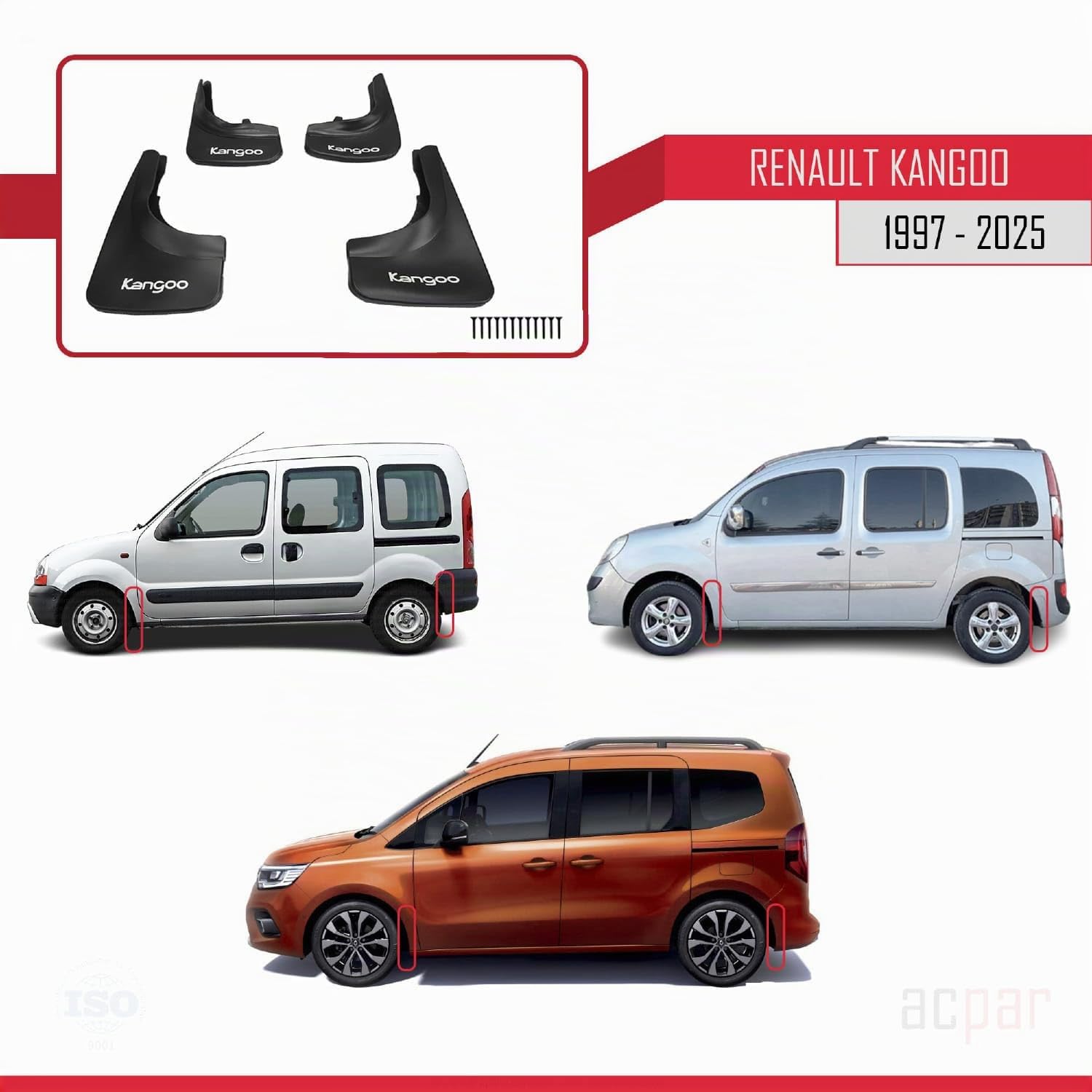 Compatible avec Renault Kangoo 1997-2025 Jeu de Bavettes Garde-boue Avant et Arrière de Voiture 4 Pcs Noir