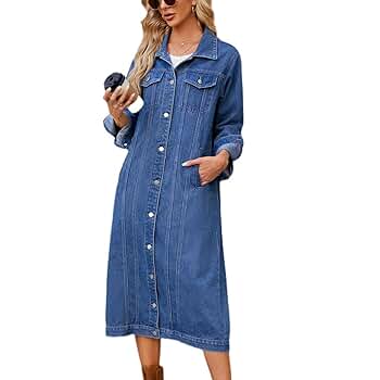 Lu's Chic Women's Denim Trench Coat Long Jean Jackets