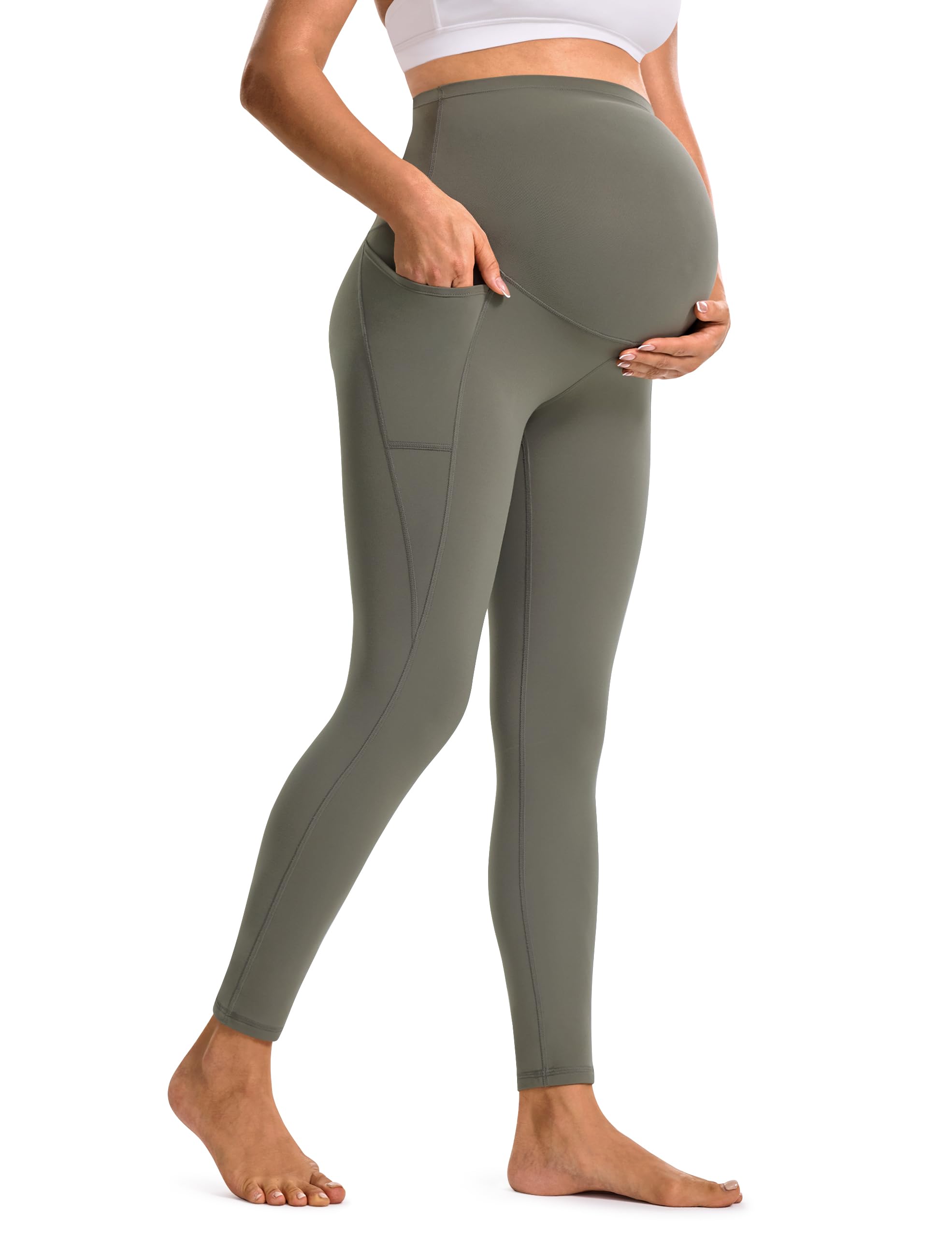 BAYDI Clouduxi Maternity Leggings with Pockets Over The Belly 25" - Buttery Soft Yoga Workout Active Pregnancy Pants Grey Olive