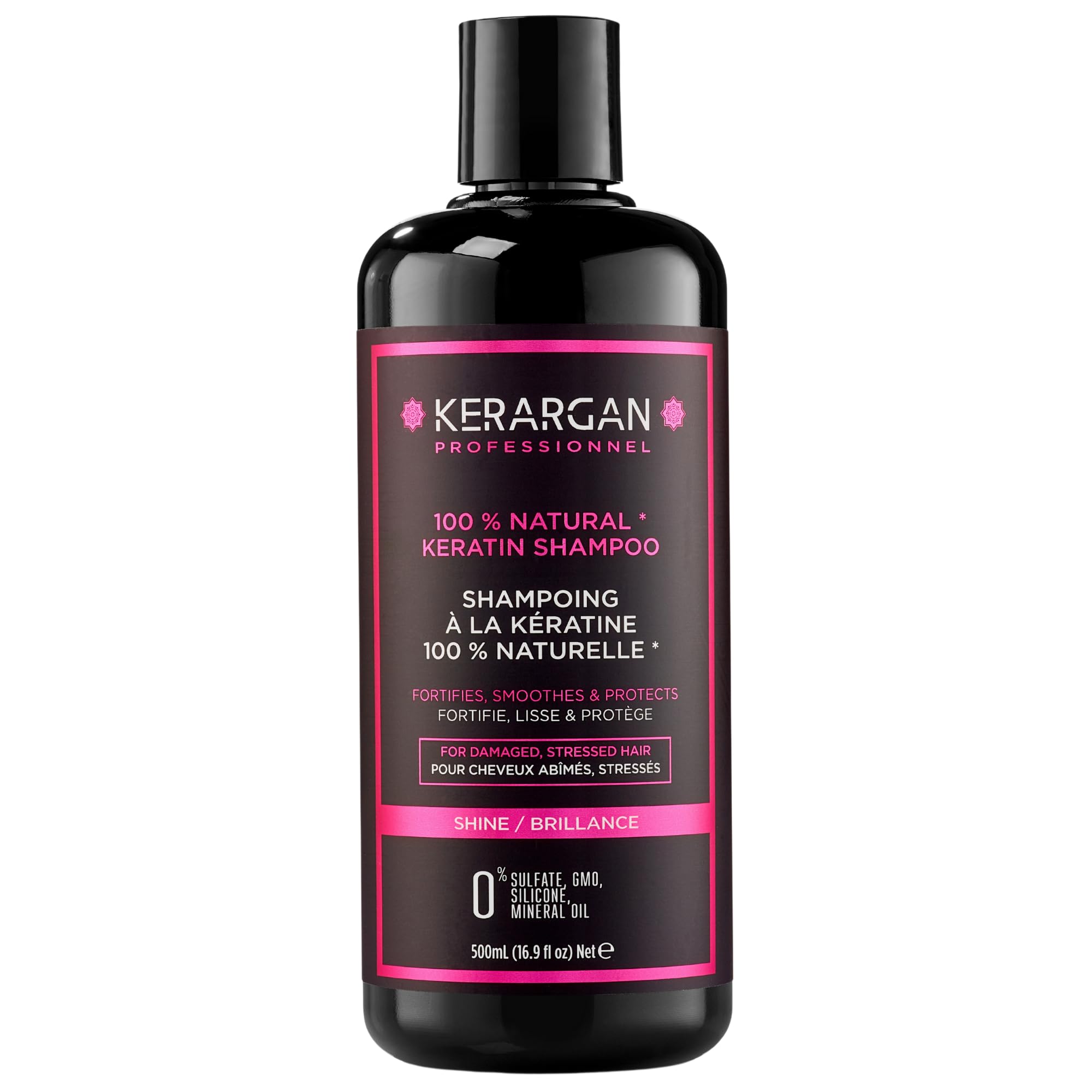 Kerargan - Shampoing Sans Sulfate à la Kératine pour Cheveux Abîmés et Stressés - fortifie, lisse et protège - Sans OGM, Silicone, Huile Minérale - 500ml