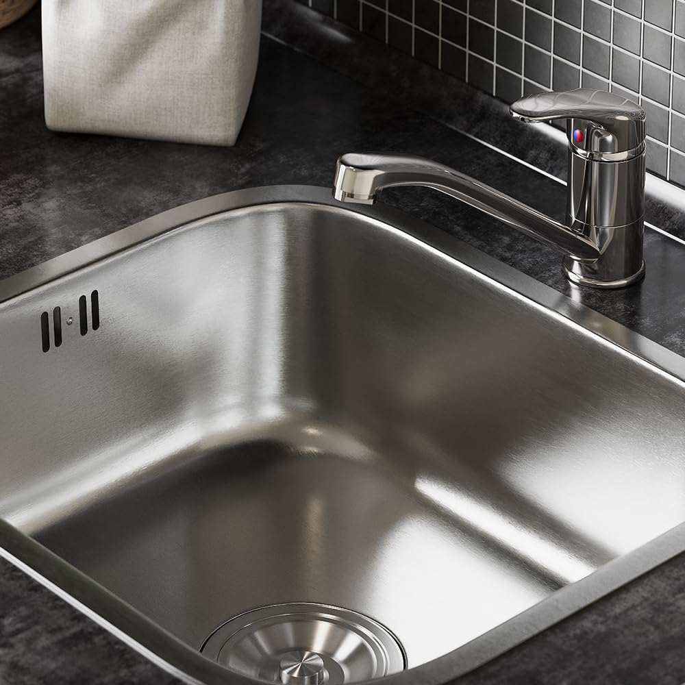 Vicco Zlew "Flova", Stal, 39 x 44 cm | Zestaw z kranem, wlotem i wylotem, convient à l'installation dans des plans de travail aux dimensions standard