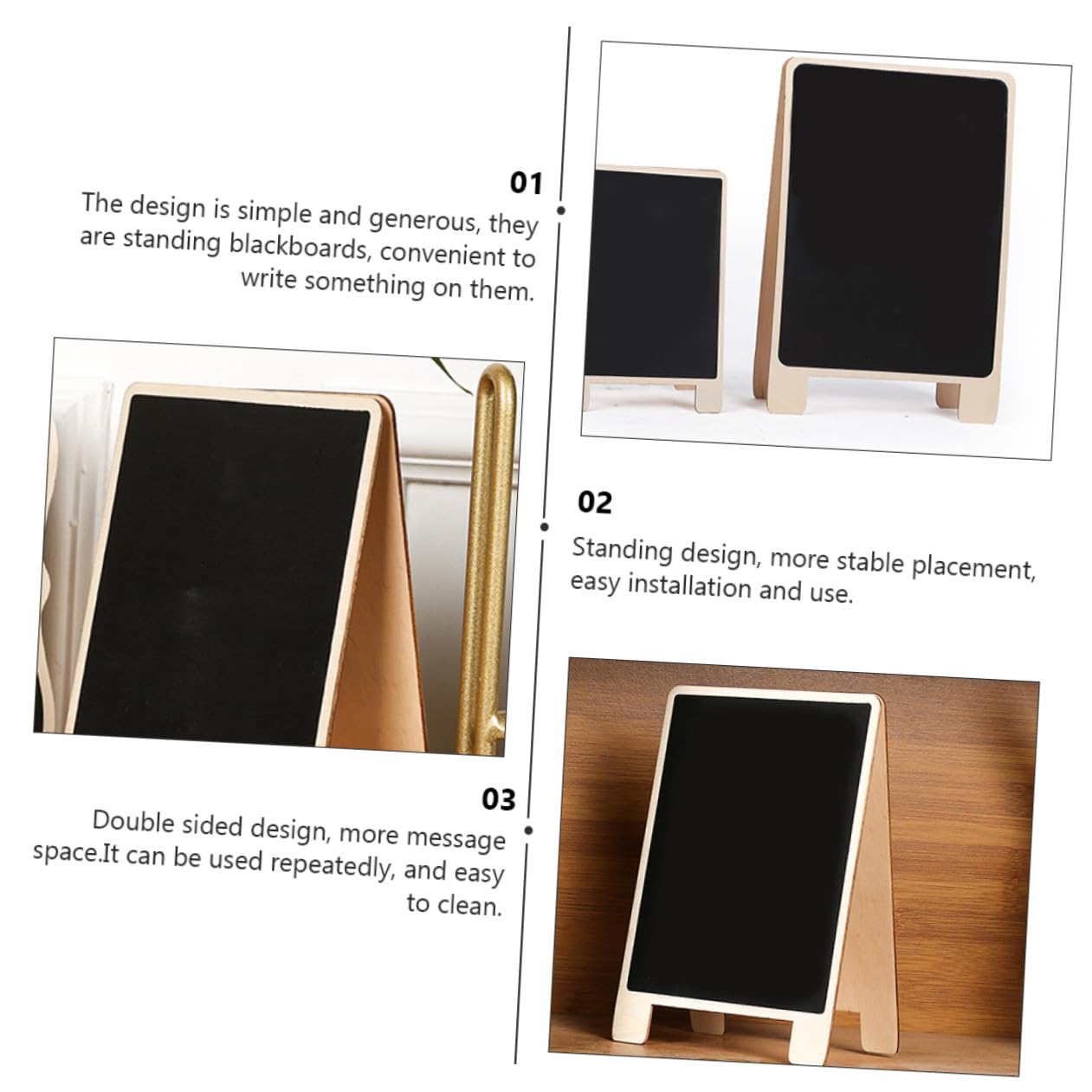 3 pièces Tableaux Noirs sur Pied Bois Double Face Ardoises Réutilisables pour Messages Écriture et Décoration de Table Format