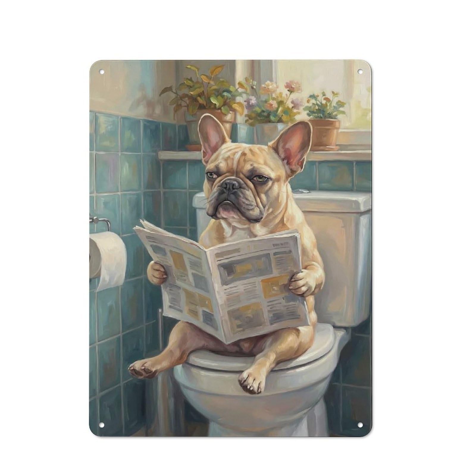 Bulldog Reading Newspaper on Toilet Decorative Metal Plaque for Bar Wall, Pub Room And Party Space, Gift for Friends, Dad Or Home Bar Owners, 40x30cm