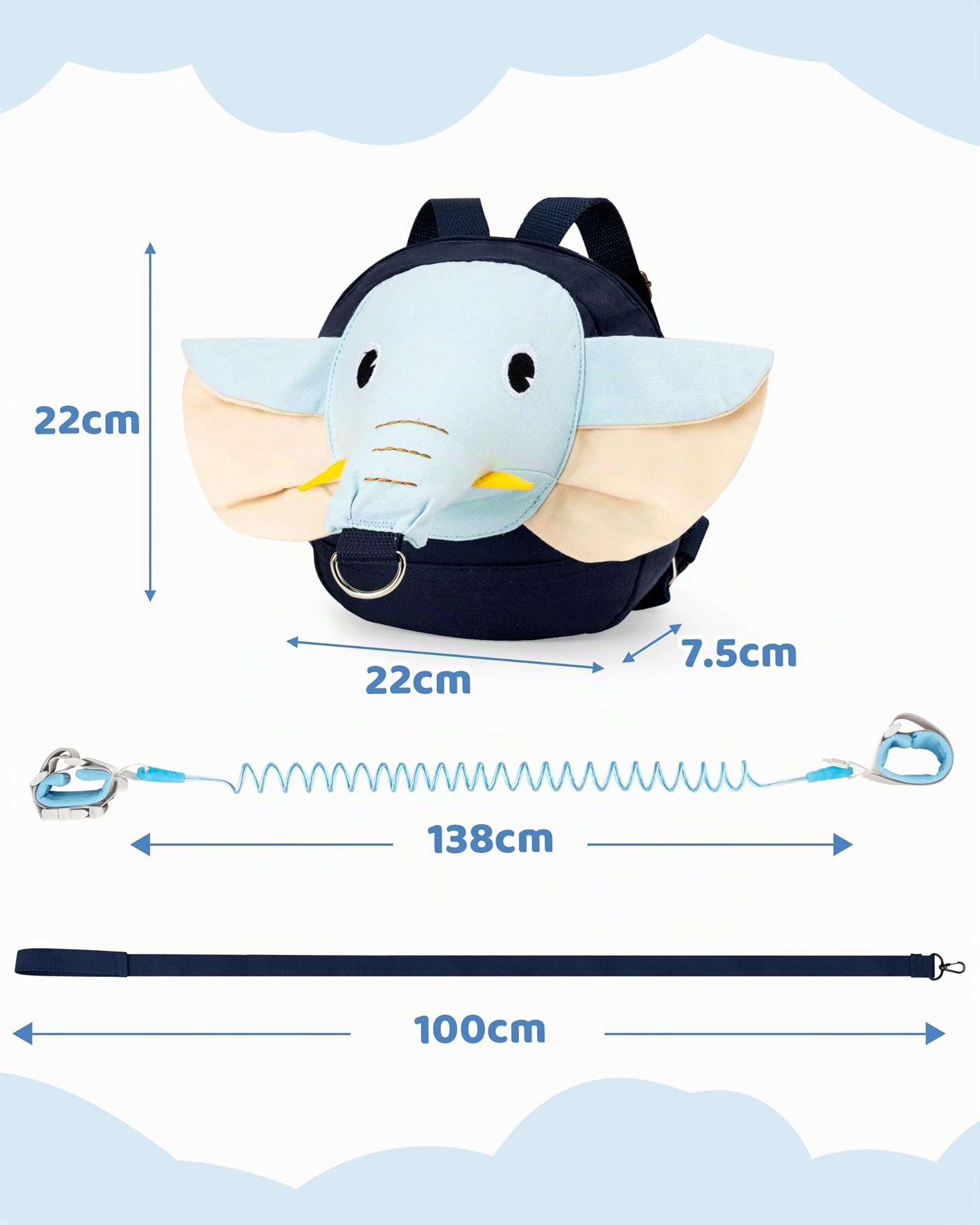 3 in 1 Regolabile Guinzaglio Zaino per Bambini con Guinzaglio Anti-smarrimento da Polso, Sicuro per 1-3 Anni, Blu