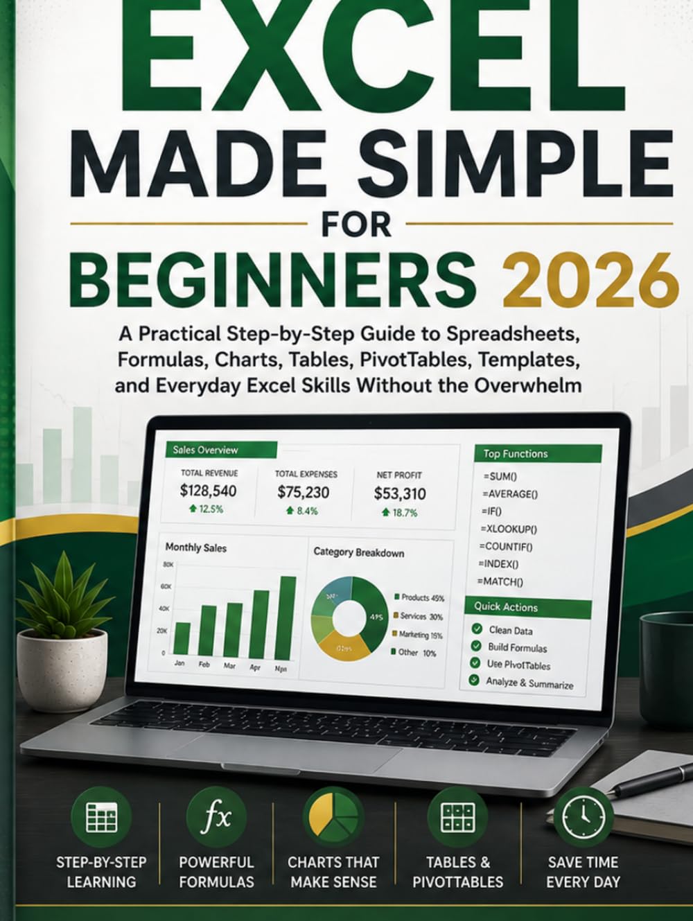 Excel Made Simple for Beginners 2026: A Practical Step-by-Step Guide to Spreadsheets, Formulas, Charts, Tables, PivotTables, Templates, and Everyday Excel Skills Without the Overwhelm