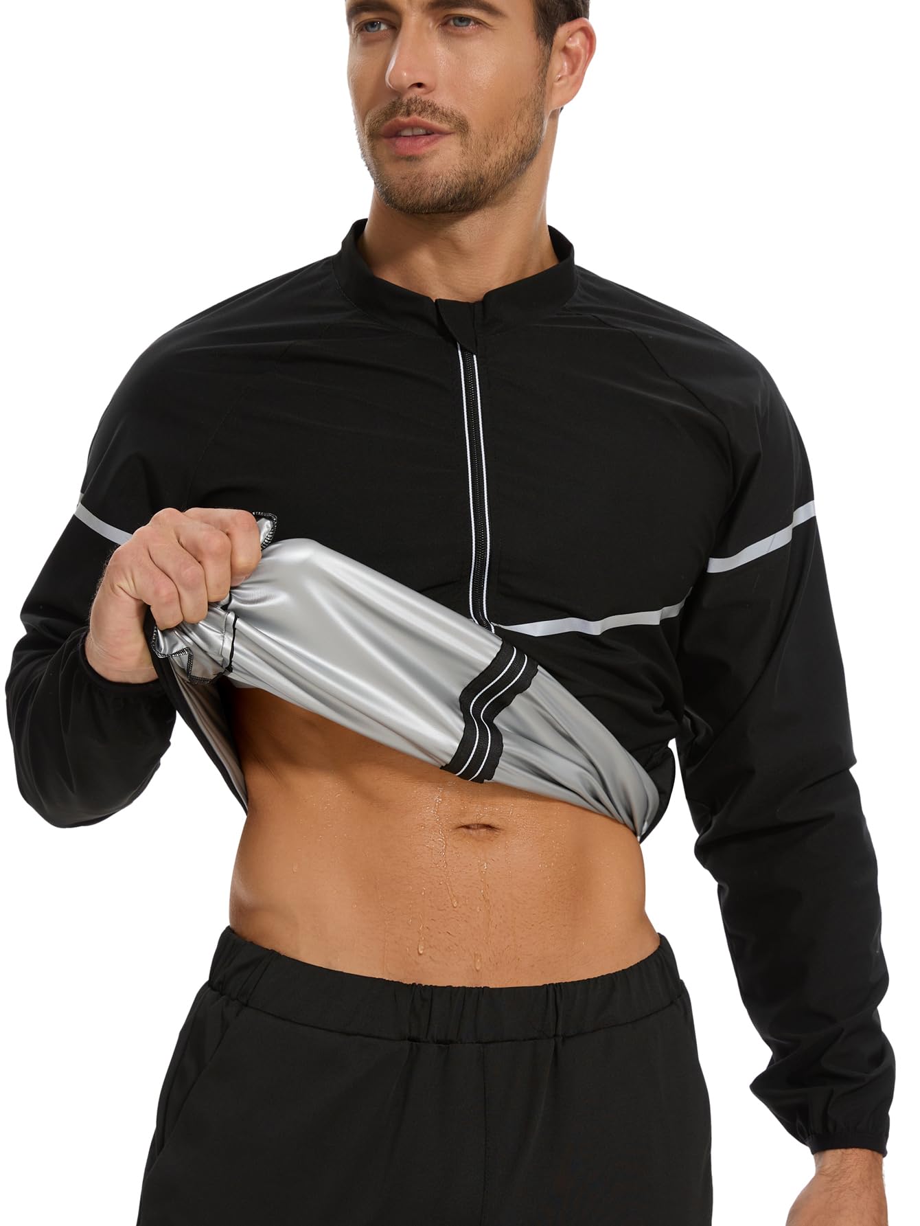 NINGMI Sauna Suit for Men Sweat Jacket Long Sleeve Shirt Zipper Workout Body Shaper Top Slimming Fitness Gym