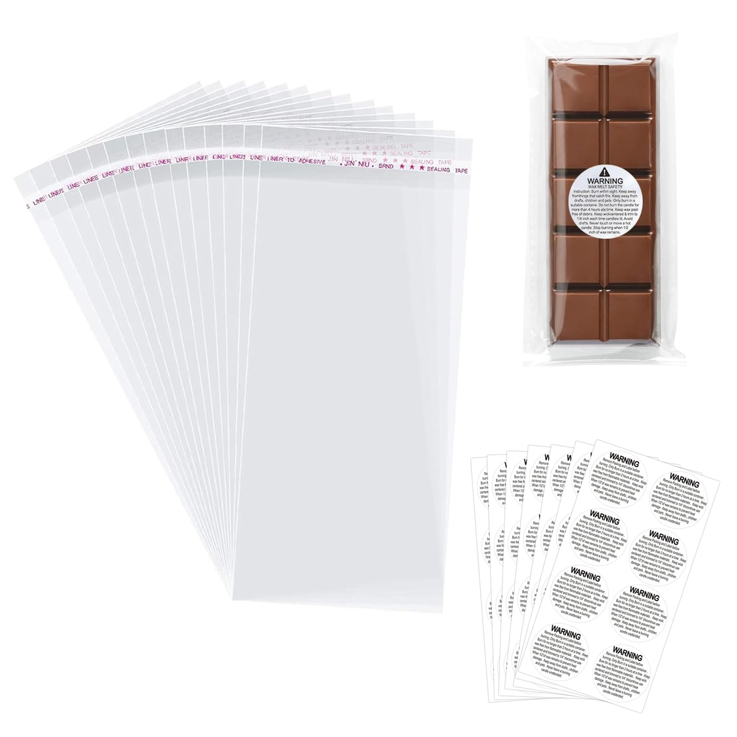 Wax Melt Packaging Snap Bar Bags, 100 Pcs Self Adhesive Wax Melts Packaging Bags with 80 Pcs Candle Warning Labels Safety Stickers for Soap, Candle Making Supplies (2.36x7inch)