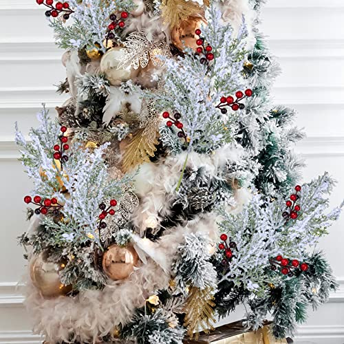 Winlyn 6 Pcs Snowy Artificial Cedar Picks With Red Berries Frosted Faux Cedar Sprays Christmas Cedar Greenery Branches Stems For Christmas Tree Wreath Floral Arrangement Vase Winter Holiday Décor #TOP3