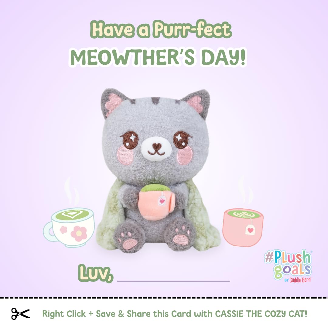 PlushGoals - Gatito de peluche Kawaii Lil Cassie, el gato acogedor, animal de peluche suave con manta esponjosa y taza de té, peluche cómodo, decoración temática de cabaña, regalo para niños