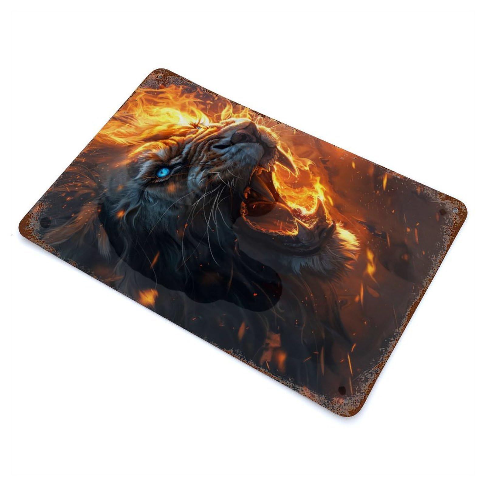 Fierce Lion of Fire 11.8"x7.9" Retro Metal Sign, Industrial Home Decor for Office, Studio And Wall Decor