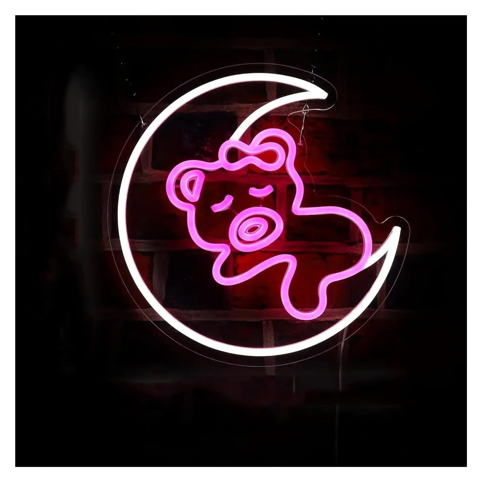 SHOUXI Sign Lamp Bear On Moon Neon Sign for Bedroom Bar Party Wall Decoration 32.5x32.5cm