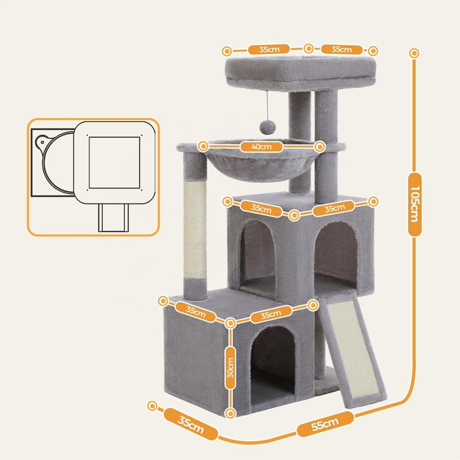 PETEPELA Kratzbaum 104cm Katzenbaum mit 2 geräumigen Höhle für Wohnungskatzen, Katzenhaus mit bequemer 40cm Hängematte, gepolsterter Sitzstange, Kratzpad und abziehbarer Spielball grau