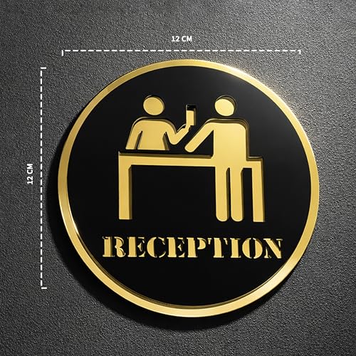Image of Reception Round Acrylic Signage Sticker - Self-Adhesive Front Desk Sign for Office, Hotel, Clinic, Storefront & Business Spaces - Premium Black Gold Label for Glass & Smooth Surfaces