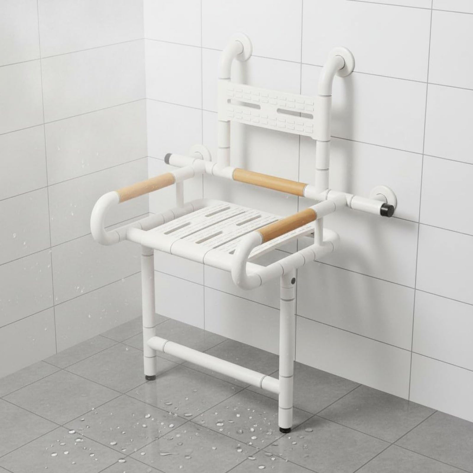 Asiento de Ducha Plegable Silla de Baño Taburete de Ducha Banco de Baño con Estructura de Pared Estable y Reposabrazos, Taburete Plegable De Pared Sin Respaldo