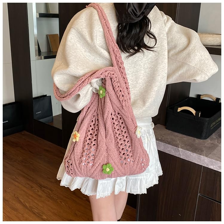 Women Wool Knitting Shoulder Bag with Flower Knitted Tote Handbag Large Capacity Aesthetic Tote Handbag Ladies Daily3