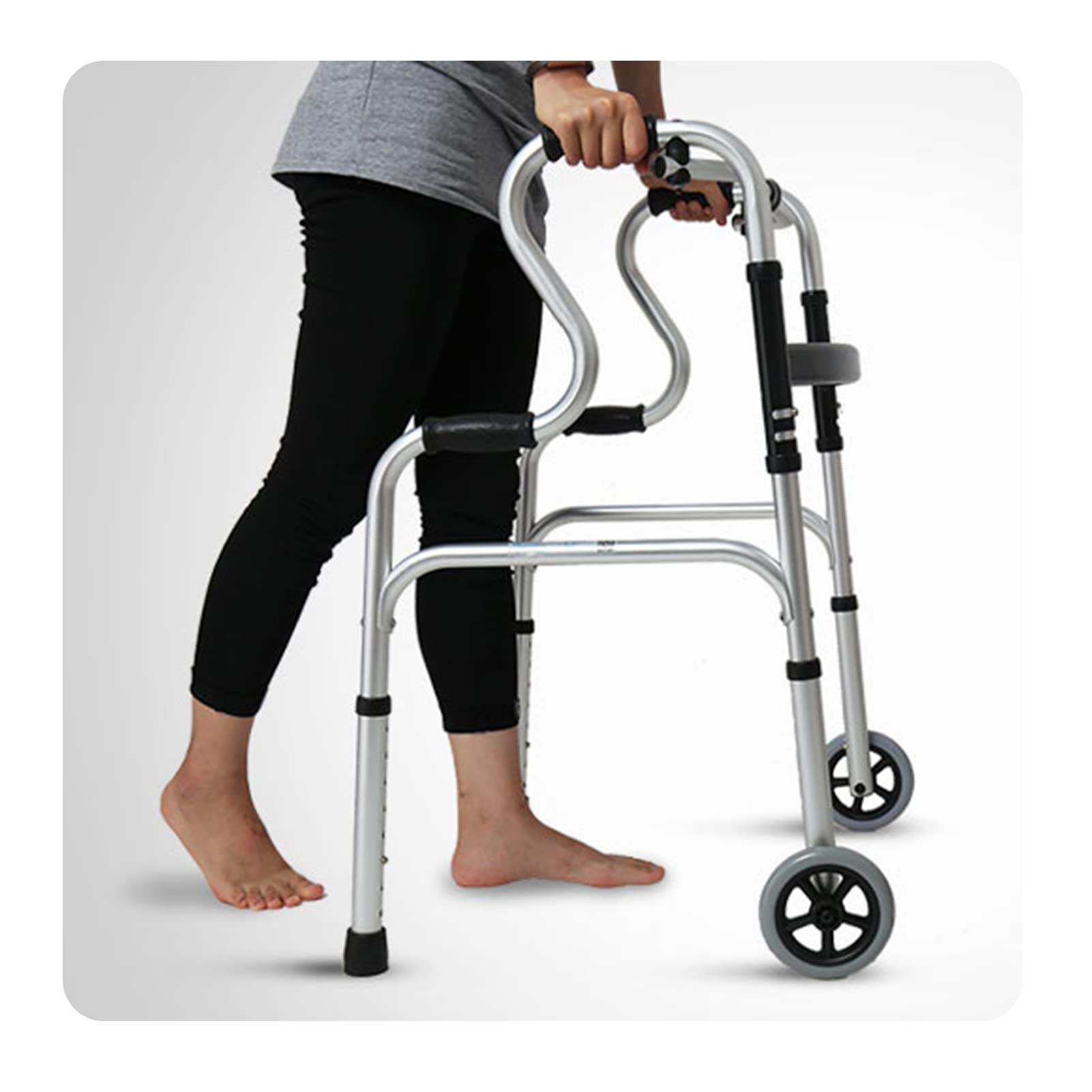 HMTE Andador para Ancianos con 2 Ruedas y Asiento, Andador Plegable, Ayuda de pie, aleación de Aluminio, Ligero y Ajustable en Altura