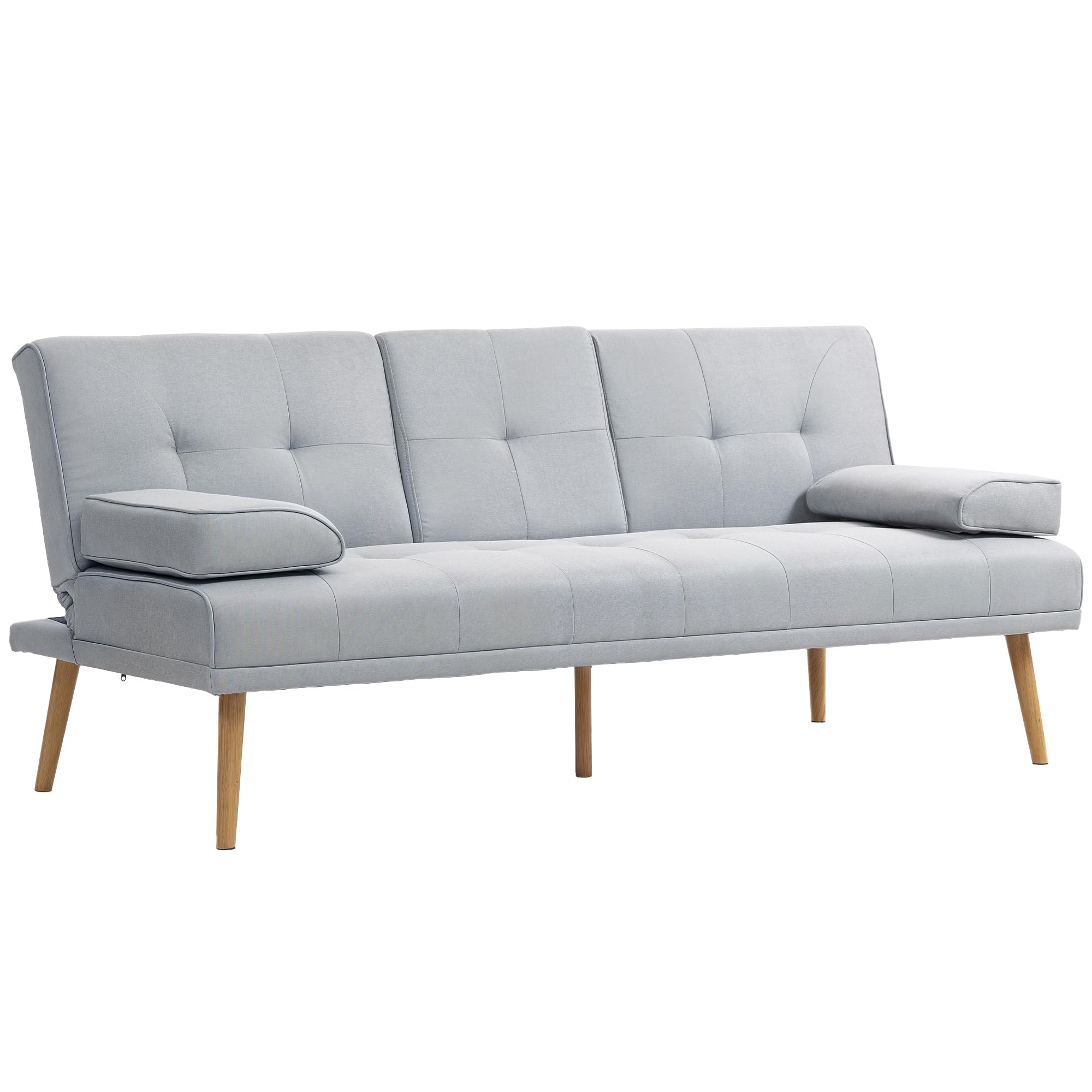 HOMCOM Sofá Cama 3 Plazas, Mesa Abatible con 2 Soportes para Vasos, 181x77x78 cm, Sofá Cama con Respaldo Ajustable, Apertura Clik-​Clak, Reposabrazos Desmontables, Patas de Madera, Gris Claro