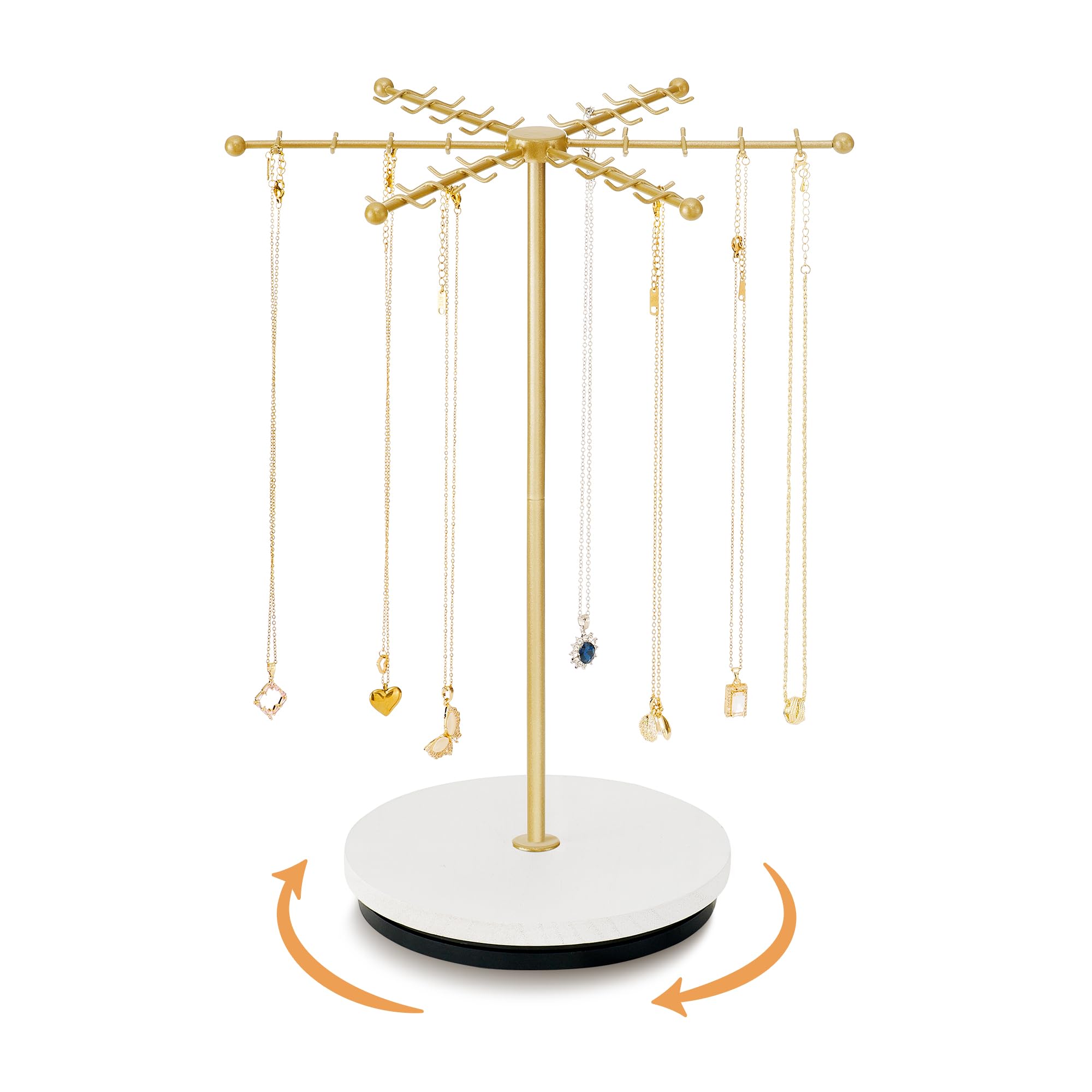 Poyilooo Necklace Holder Jewelry Stand, Rotating Necklace Holder Organizer with 48 Hooks for Necklace Earring Keychains Bracelet Display Stand, Metal Necklace Tree Stand -Women Gifts (Gold)