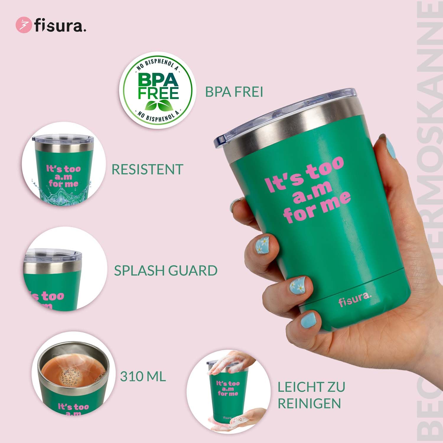 FISURA Thermobecher The Perfect Match - Edelstahl, 310 Ml, BPA-frei - Hält 12h Heiß, 24h Kalt