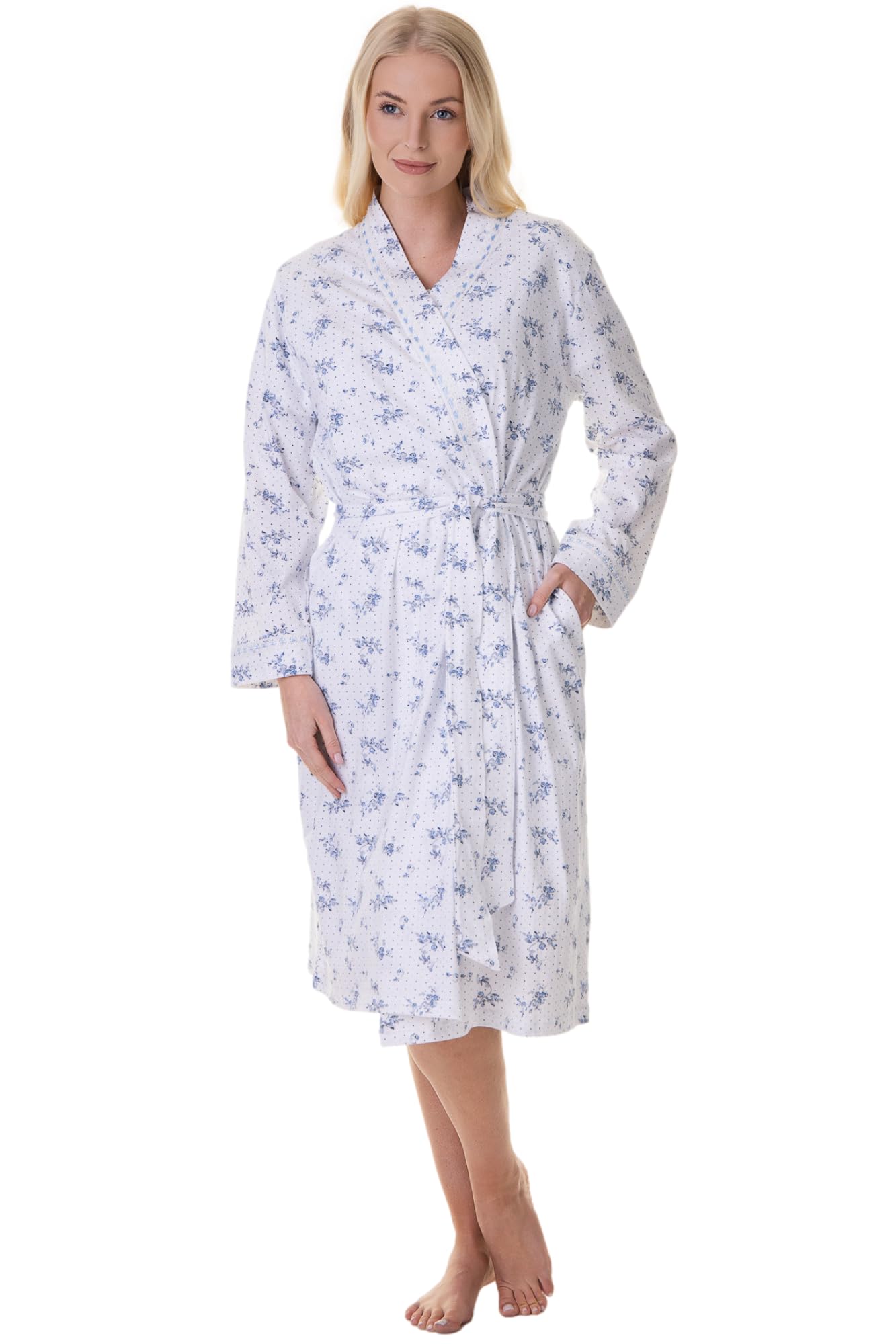 Women's 100% Cotton Dressing Gown | Long-Sleeve, Calf-Length Bathrobe | Wrap Belt Tie Fastening & Front Pockets | Lightweight & Breathable Luxury | Elegant Design Housecoat