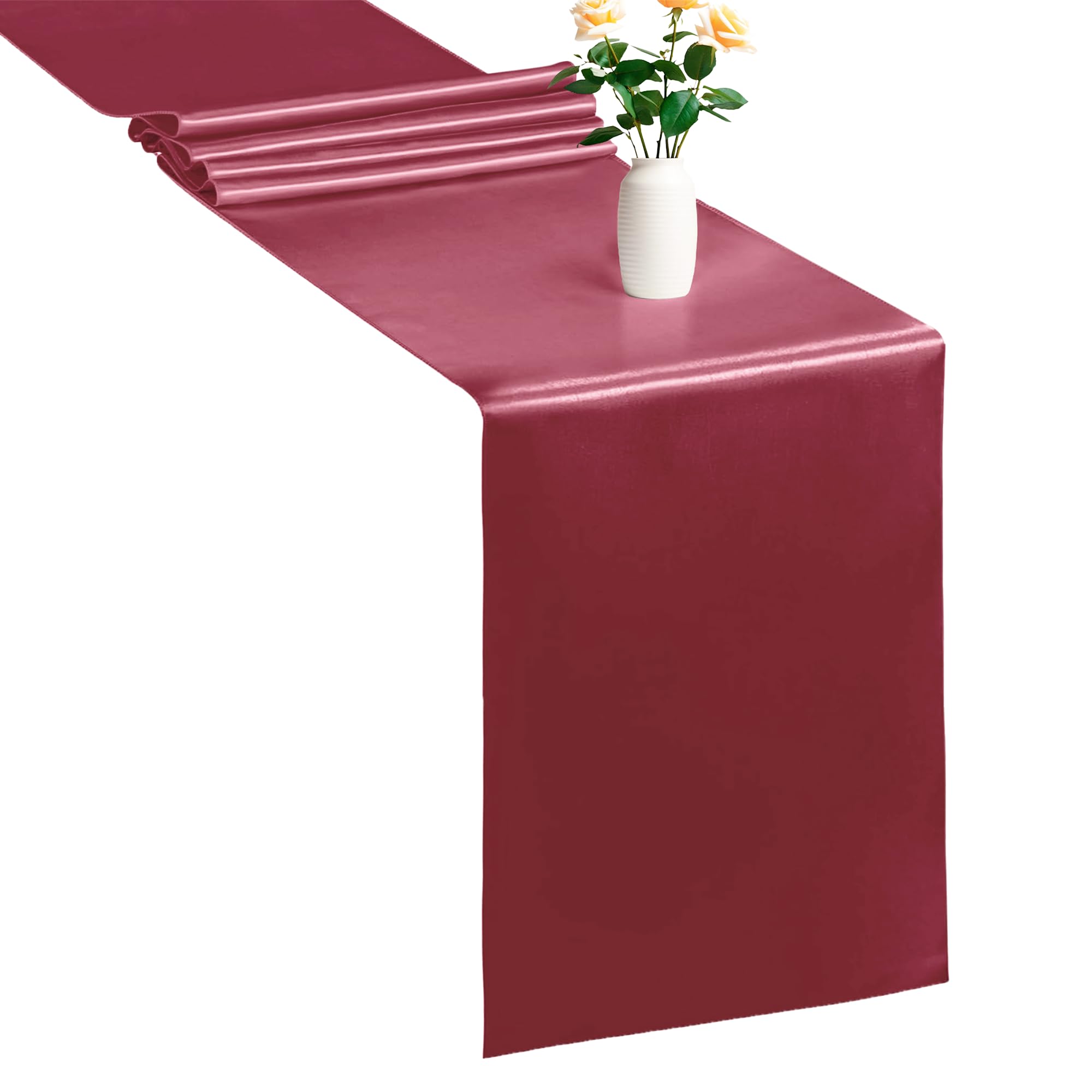 WedDecor Table Runner 11x108 inch Satin Table Runner Wrinkle-Free Drapes Elegant Dining Table Wedding Decorations Tabletop Decor Party Table Runners for Christmas Decorations, Burgandy, 10pcs
