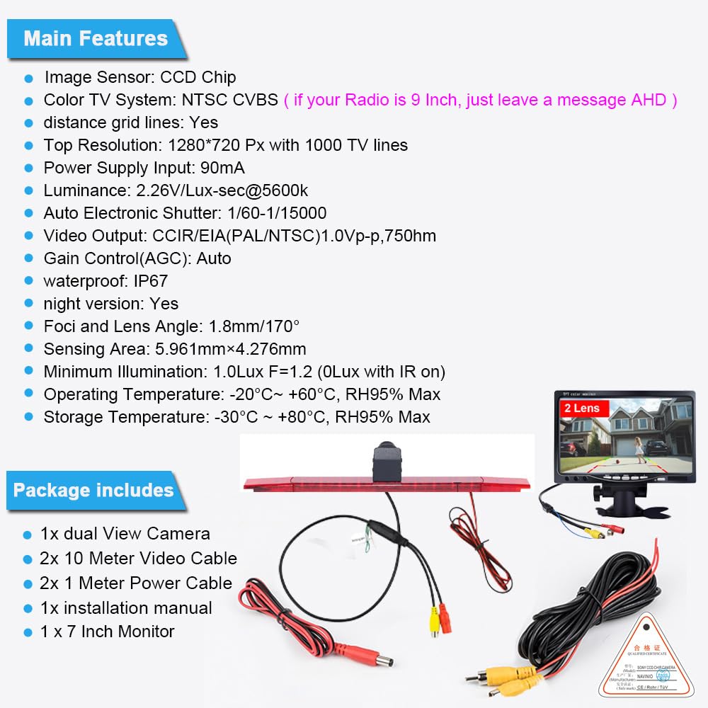7-calowy kolorowy wyświetlacz LCD TFT + kamera samochodowa, trzecia lampka hamowania, kamera cofania, kamera wspomagająca parkowanie, wodoszczelna kamera zamienna do FIAT Ducato z 2024/Hella 2DA 343