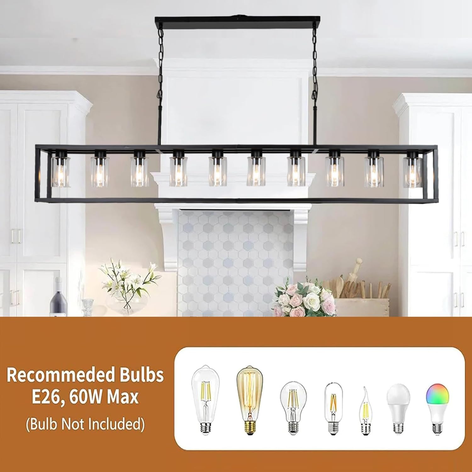 Farmhouse Dining Room Light Fixture Kitchen Island Pendant Lighting Rectangle Black Dining Room Lighting Fixture Modern Pendant Contemporary Chandeliers with Glass Shade Adjustable (10 Light)