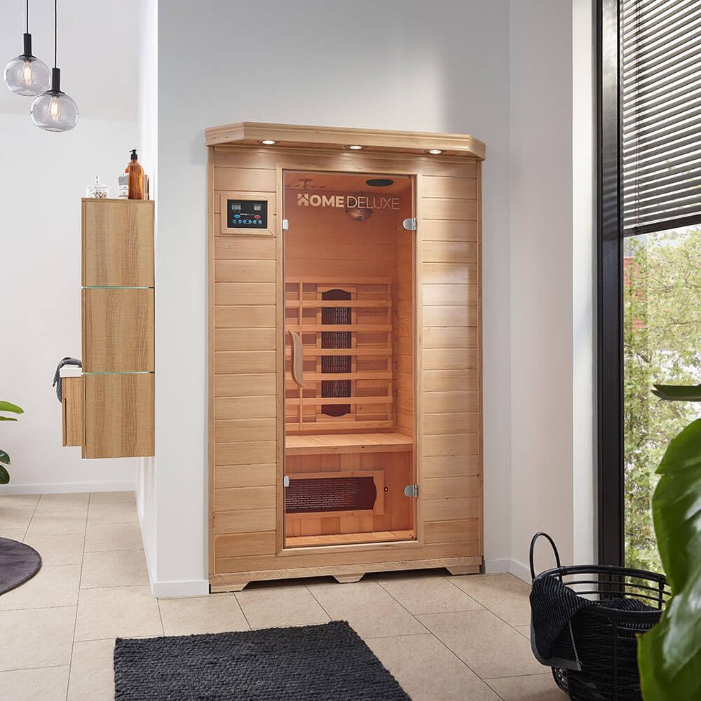 Home Deluxe – Infrarotkabine REDSUN M – 120 x 105 x 190 cm - für 2 Personen, 5 Keramikstrahler – Holz: Hemlocktanne I Infrarotsauna, Sauna, Wärmekabine, Infrarot