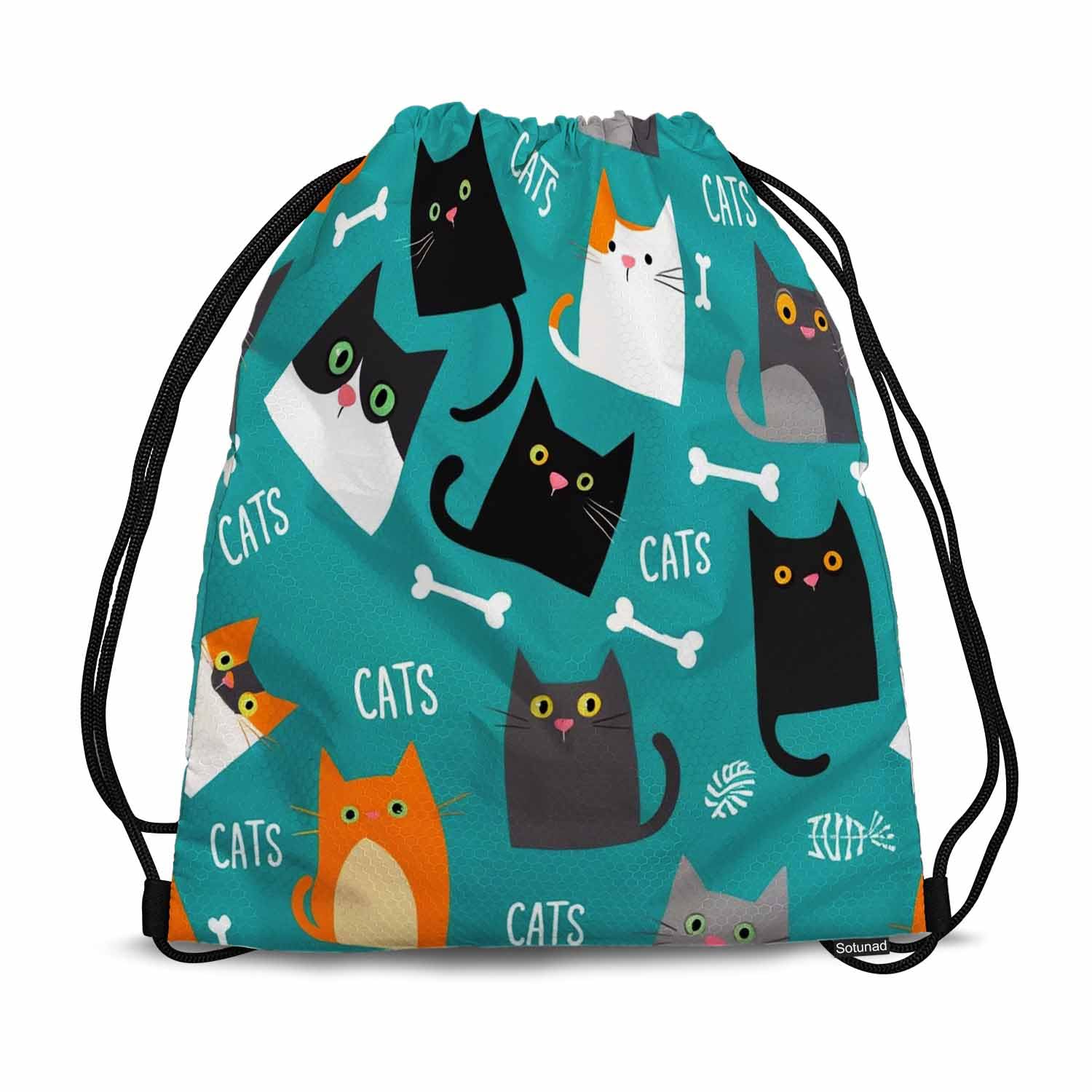 Sotunad Drawstring Backpack Bag Sports Gym Sack Cute Cats Cats Depicting Different Breeds and Fur Color Shoe Bag for Women Men 14x16.9 Inch