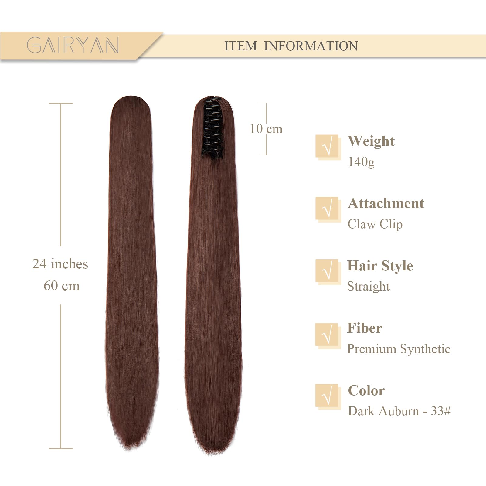 Gairyan 24 inch Ponytail Extension Long Straight Pony Tails Claw on Ponytail Synthetic Hairpieces for Women Soft Natural Look (Dark Auburn) - Image 2