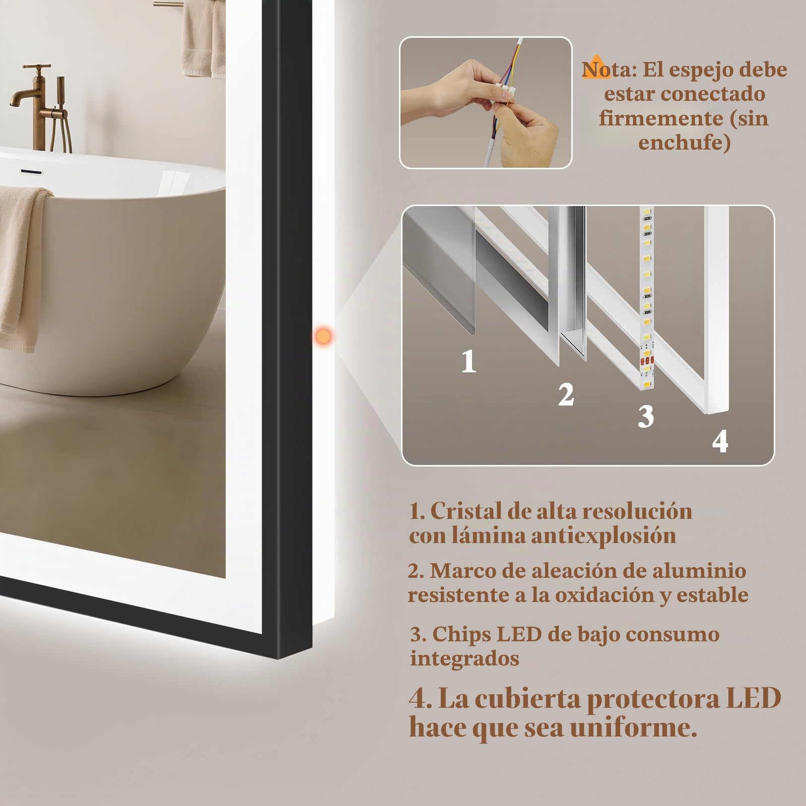 Espejo de baño con iluminación 100 x 70 cm – LED espejo de baño con Bluetooth – Espejo de baño con iluminación, antivaho, regulable, 3 colores de luz, espejo de pared LED negro marco de metal