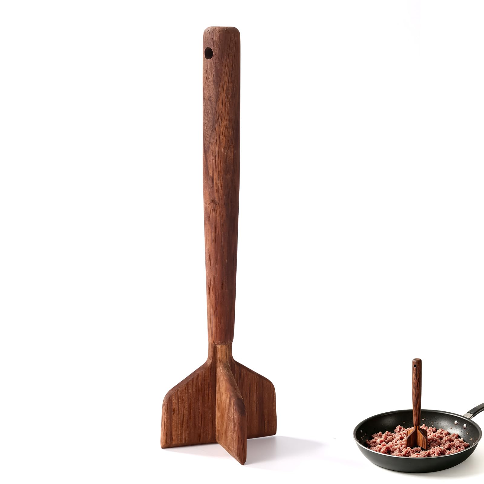 Teak Wood Meat Chopper & Masher, 28cm/11in 4-Edged Blades Wooden Ground Beef Chopper Tool Potato Masher Hamburger Smasher Chicken Shredder Multipurpose Kitchen Utensil Gadgets(Brown)