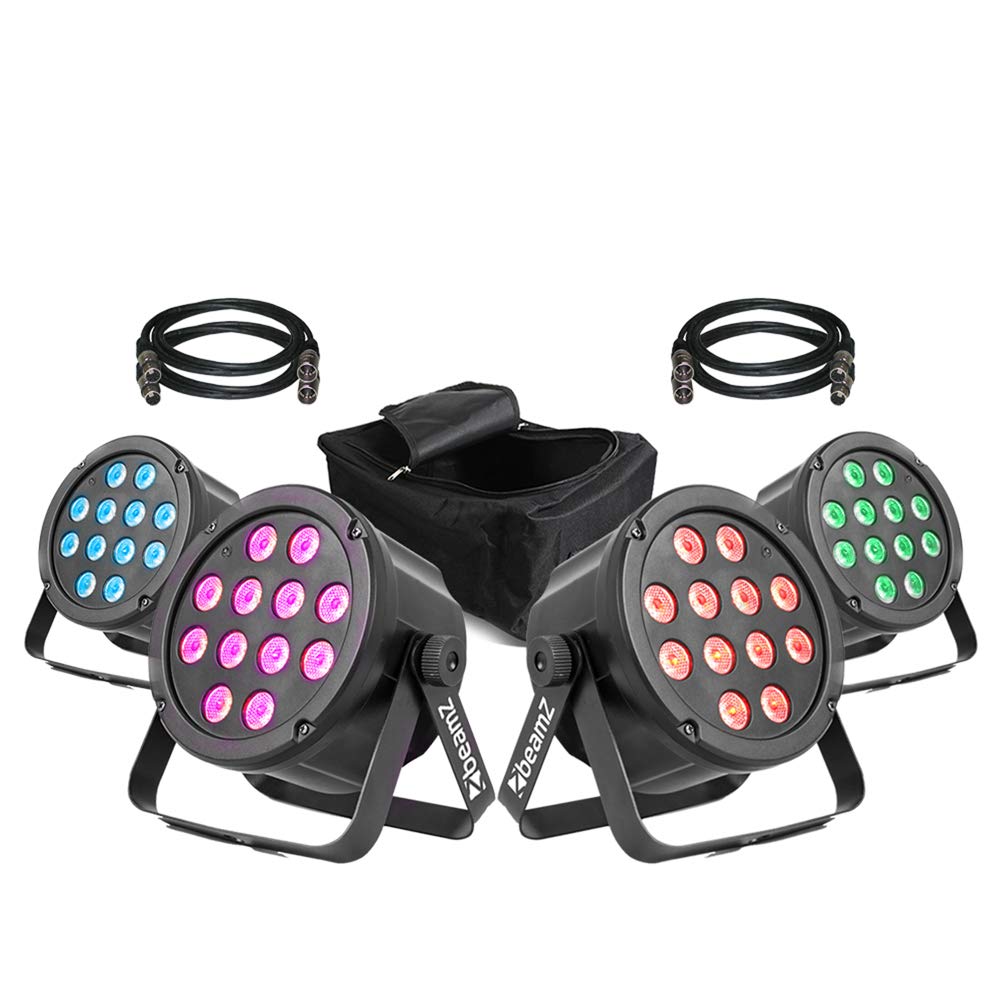 BeamZ SlimPar35 LED Stage Light System, Set of 4 RGB DJ Par Cans with Stand-Alone & DMX Control, Includes Travel Bag & DMX Cables for Mobile DJs & Events