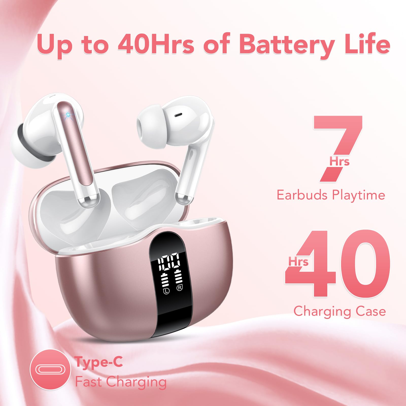 Cuffie Bluetooth, Auricolari Bluetooth 5.3 Stereo HiFi con 4 ENC Mic Cuffie Wireless-con 40 Ore di Riproduzione In Ear Cuffiette, Touch Control, IP7 Impermeabile Auricolari Wireless