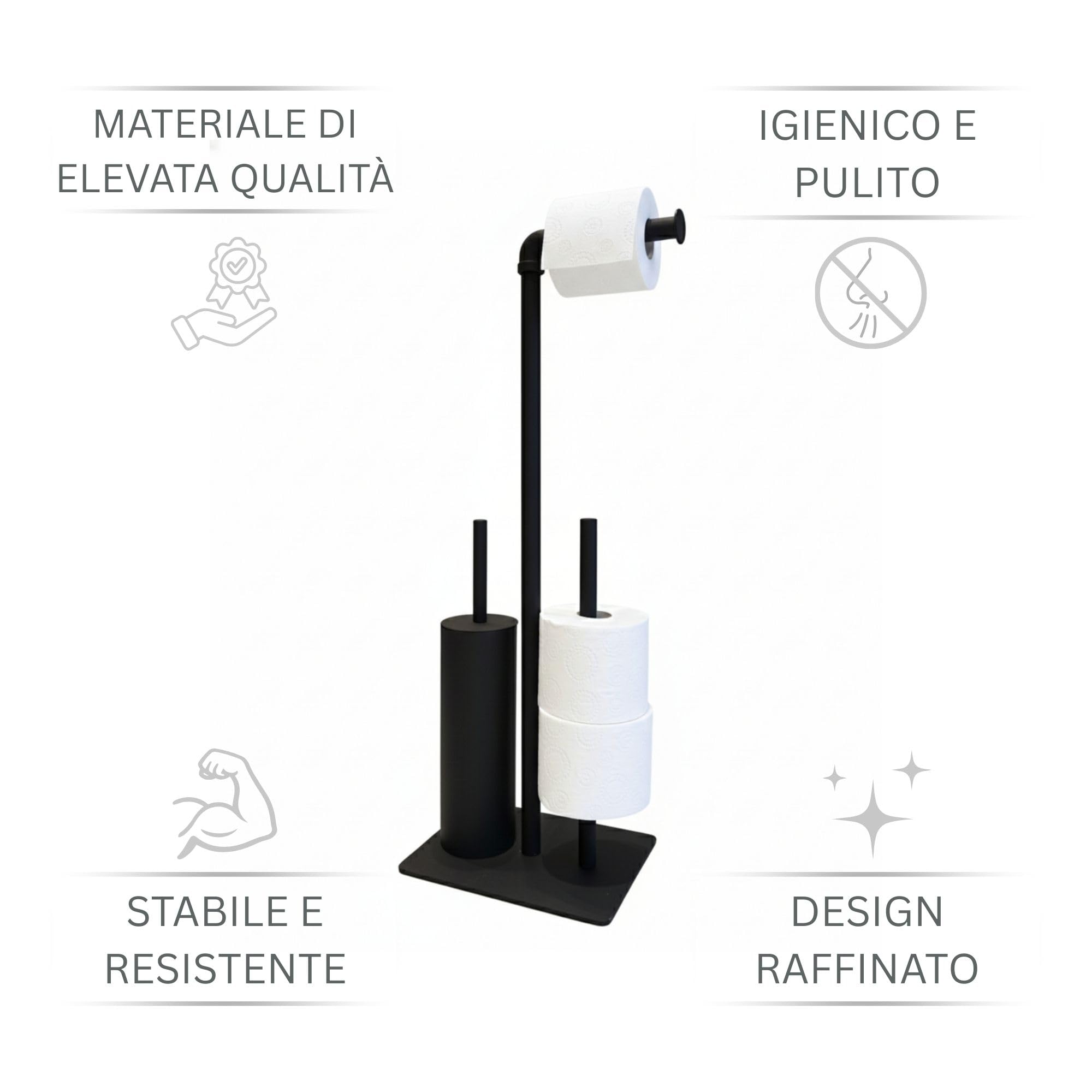 Piantana WC Palermo – Portarotolo Carta Igienica da Terra con Scopino Chiuso – Porta Scopino e Porta Carta in Metallo, Nero Moderno – Accessorio Bagno