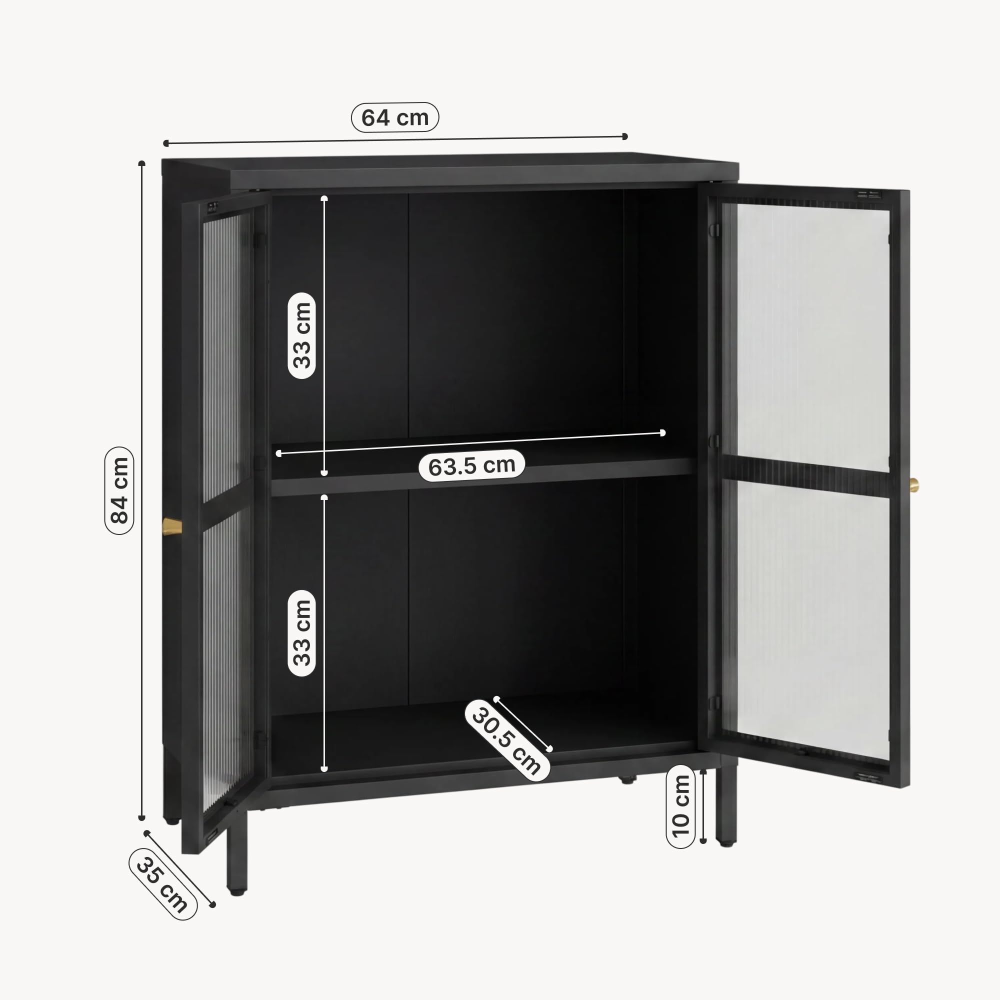 [en.casa] Comò con Ante in Vetro Scanalato Credenza in Acciaio per Soggiorno Mobile Vetrinetta con Scomparto Diviso 84x64x35 cm Nero