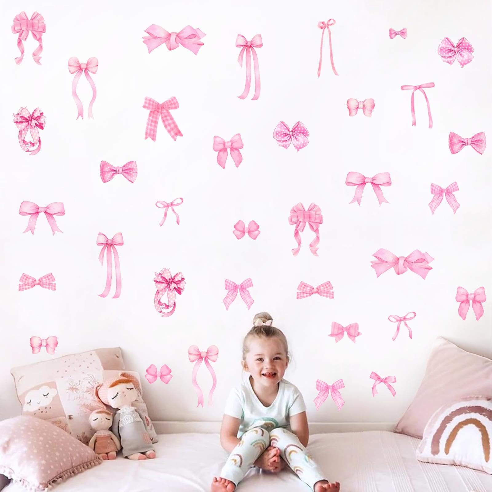 Pink Bow Wall Stickers Watercolor Girls Room Wall Decals Pink Bow Decor Bowtie Wall Sticker Decal for Nursery Peel and Stick Pink Polka Dot Wall Art Murals Wallpaper for Kids Baby Bedroom Gift - Image 4