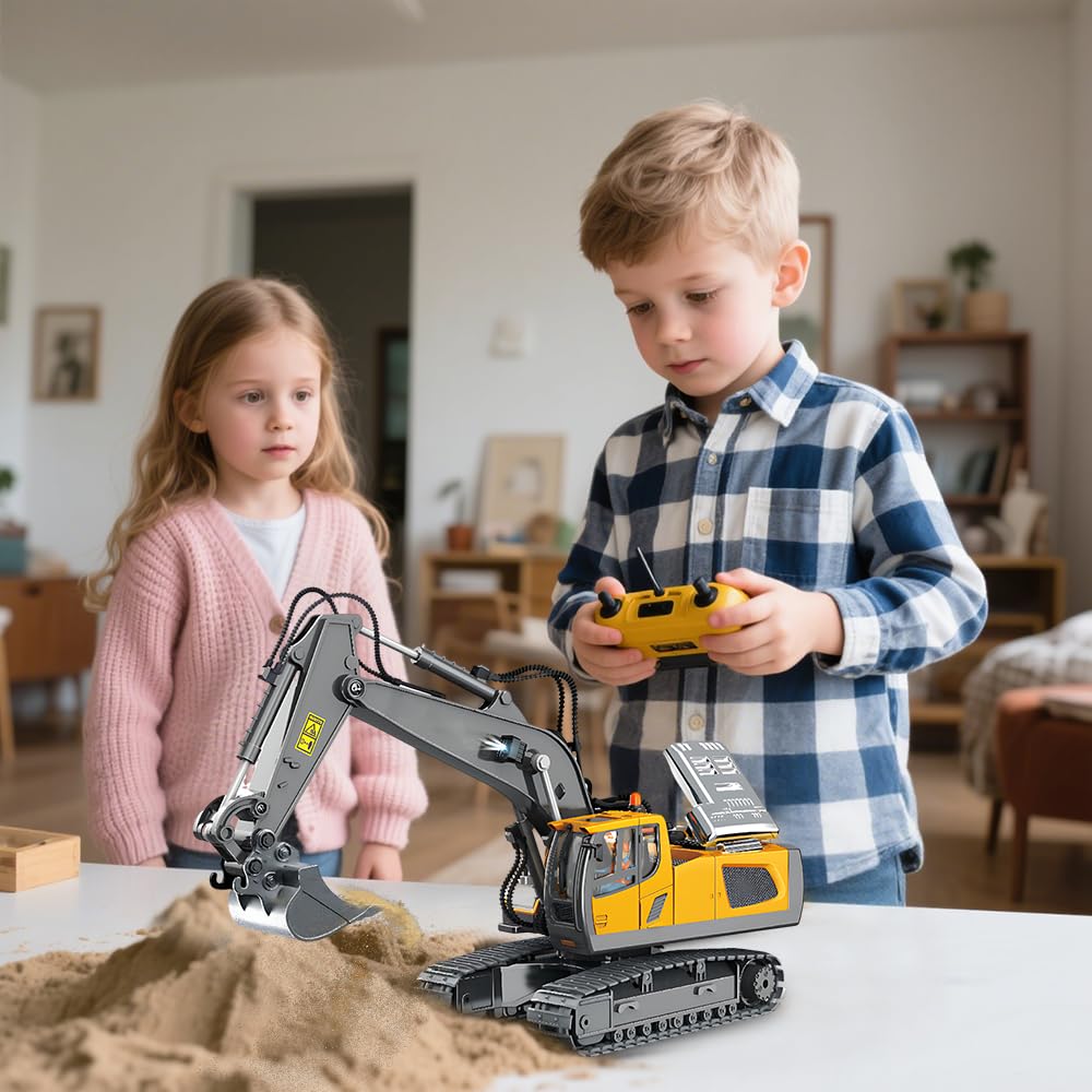 ADDLIVE Pelleteuse Télécommandée, 1 : 20 Mini Pelle Hydraulique, 2.4GHz Rechargeable Pelleteuse Enfant, Tractopelle Telecommandé, Tractopelle Enfant avec Lumière et Son, Jouet en-Fant 3 4 5 6 7 8 Ans