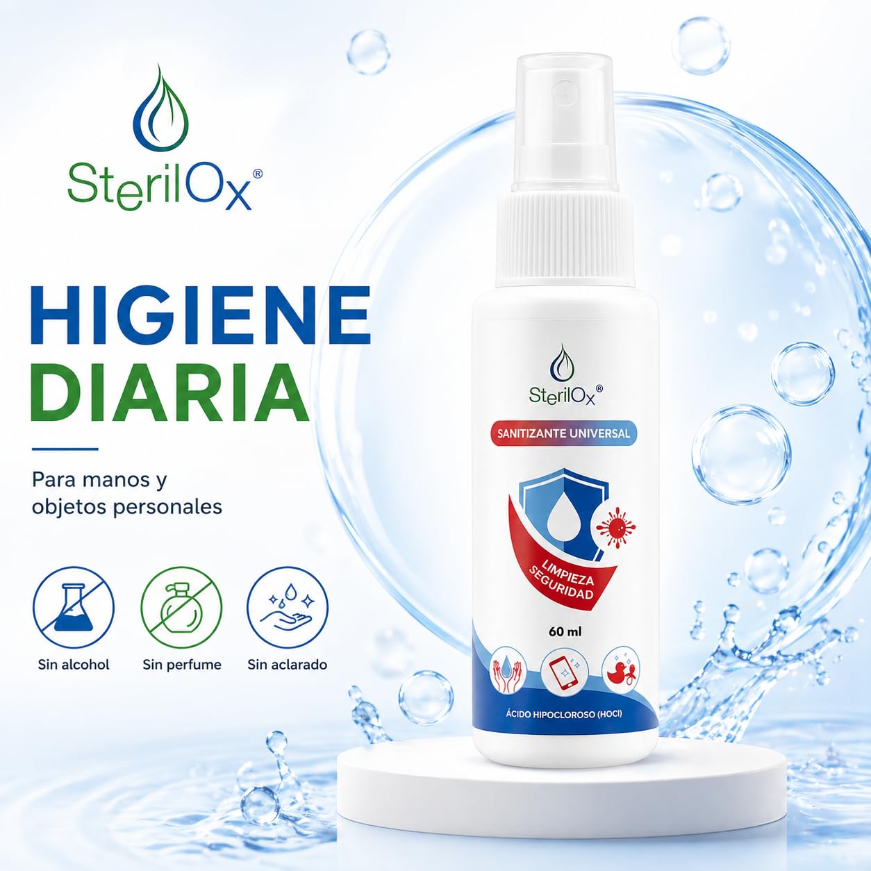 Spray 3 x 60 ml – Solución Cosmética con Ácido Hipocloroso | Para Manos, Juguetes, Utensilios y Objetos | Seguro para Niños y Mascotas – Sin Alcohol ni Perfume