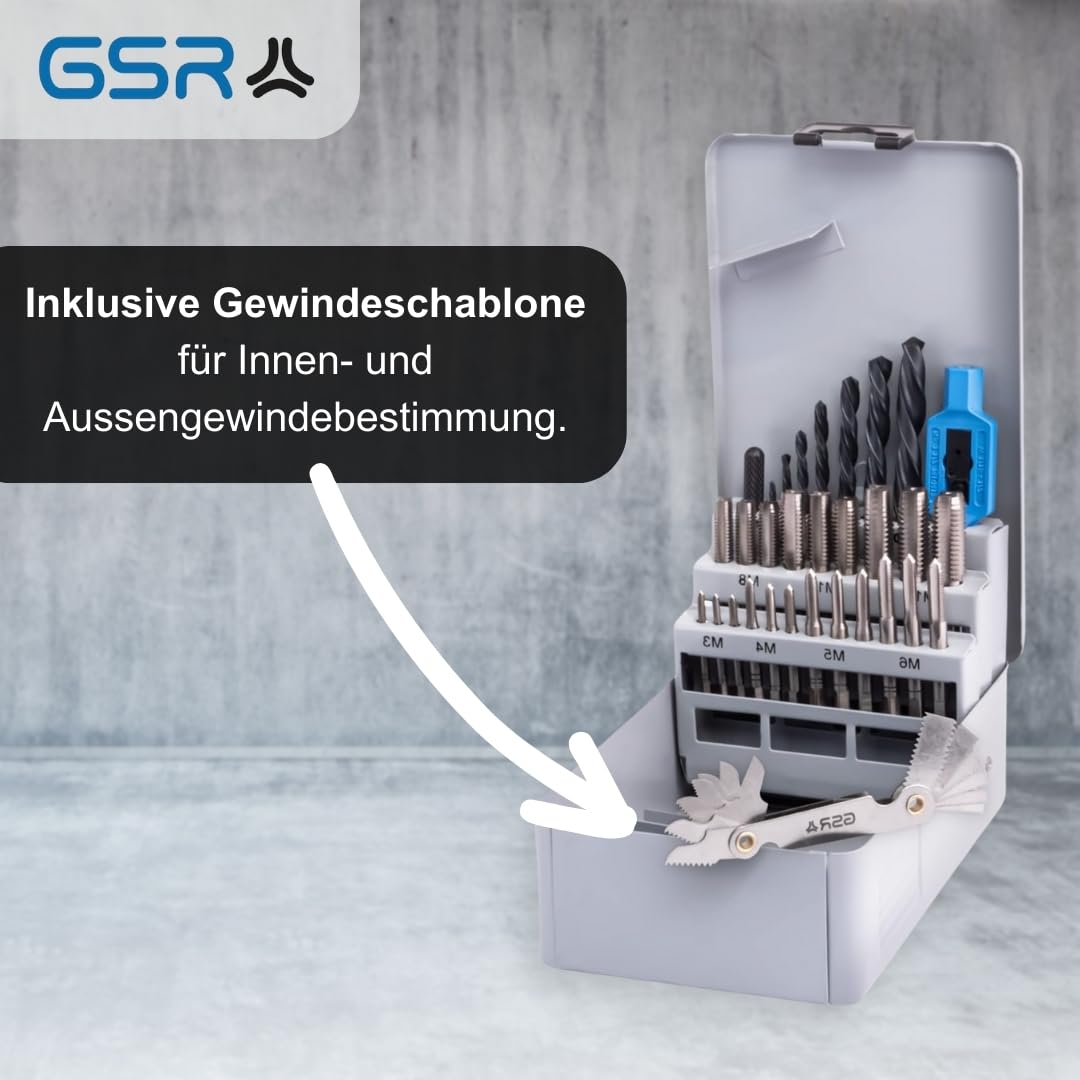GSR Set maschi e punte elicoidali HSS – 30 pezzi M3–M12 | kit filettatura professionale con giramaschi e dima | DIN 352/338 / 1814 | valigetta in metallo