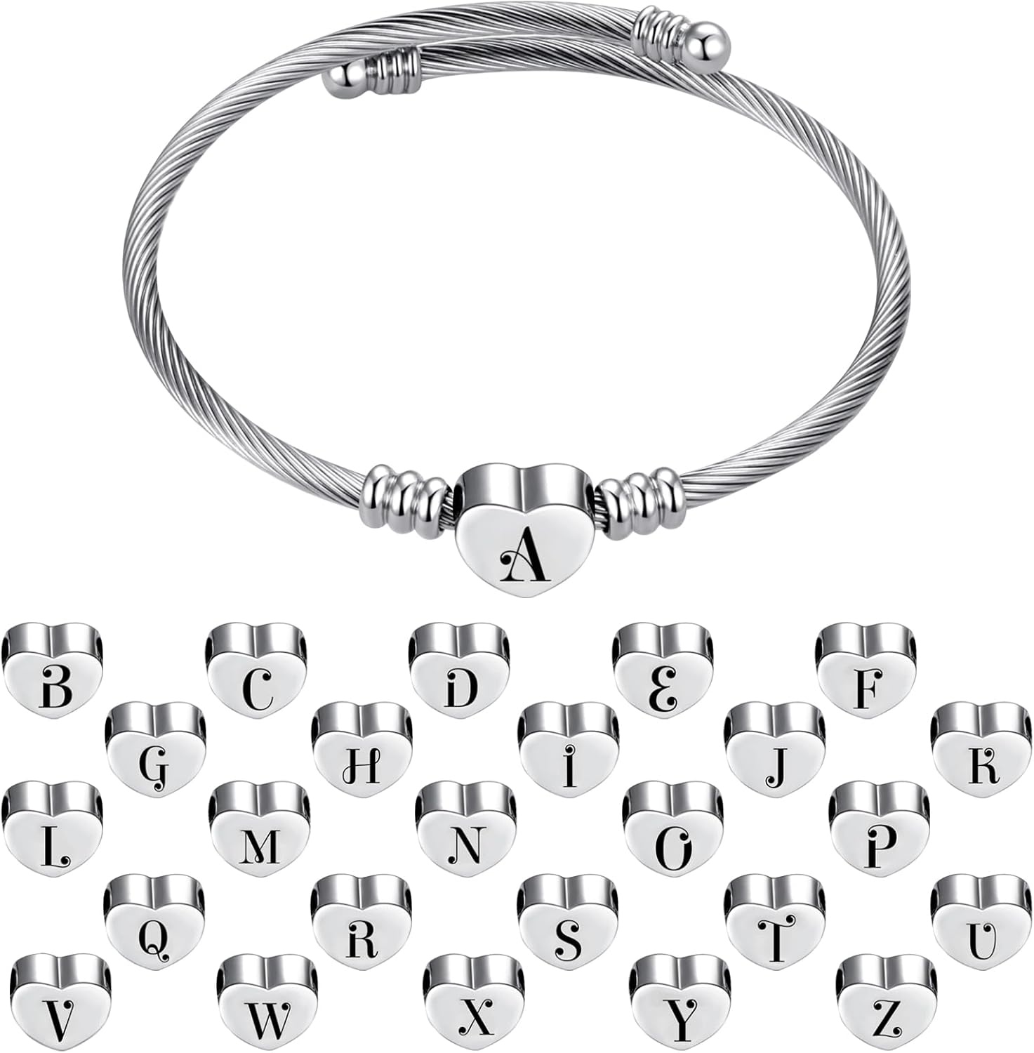 Silver Heart Initial Letter A to Z Cuff Bangle Bracelets for Women Personalized Classic Art Alphabet Name Stainless Steel - Image 3