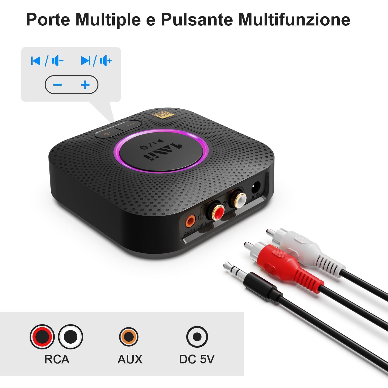 1Mii B06S+ Ricevitore Bluetooth 5.2 HiFi, Hi-Res LDAC Adattatore Audio Bluetooth con Jack AUX 3.5mm e RCA, aptX Bassa Latenza, 100ft Lungo Raggio Ricevitore con Controllo Volume per Home Audio/PC