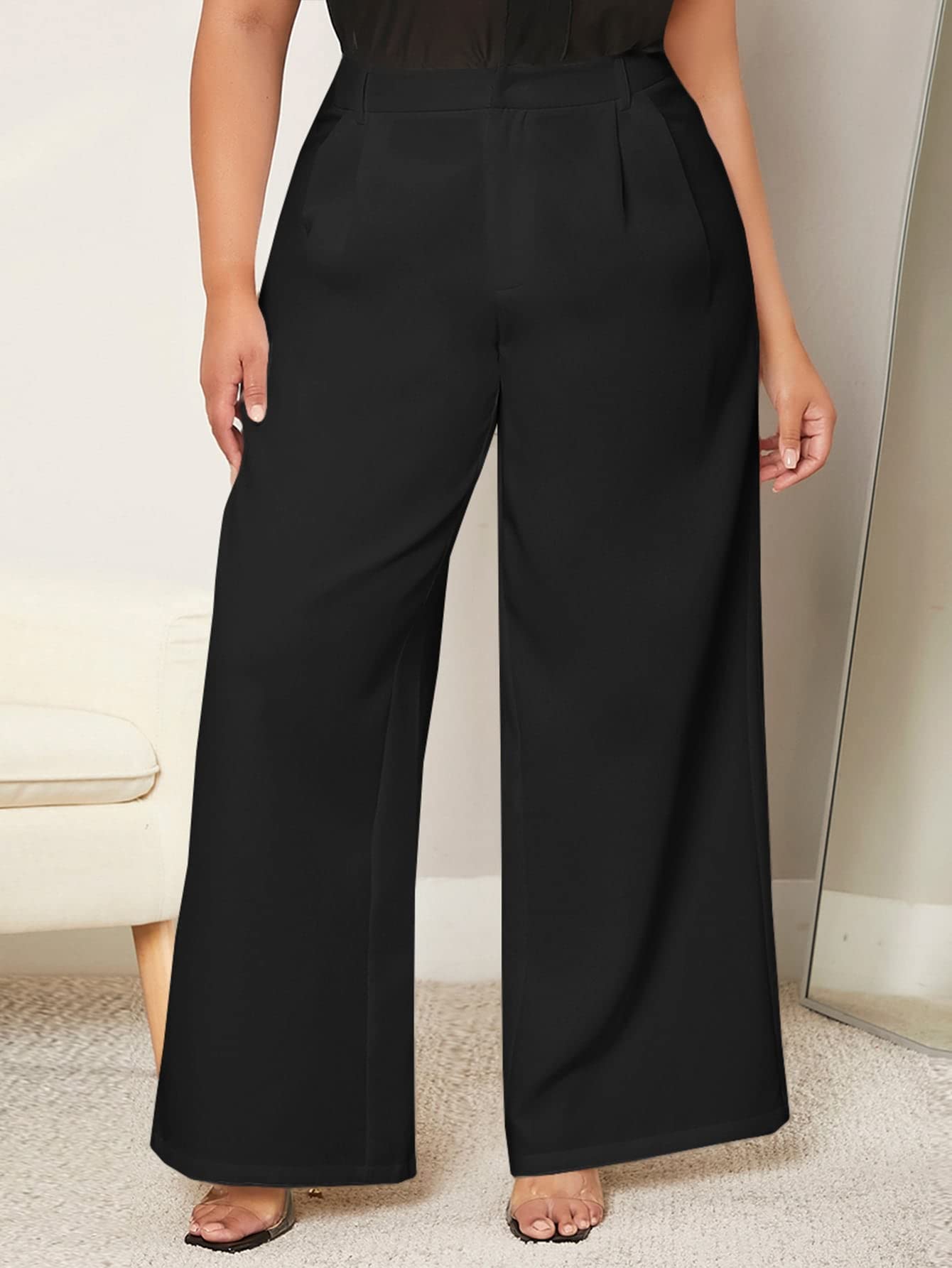 EVLTN Plus Size Pants Women Plus Fold Pleated Detail Wide Leg Pants Plus Size Pants Women Color Black