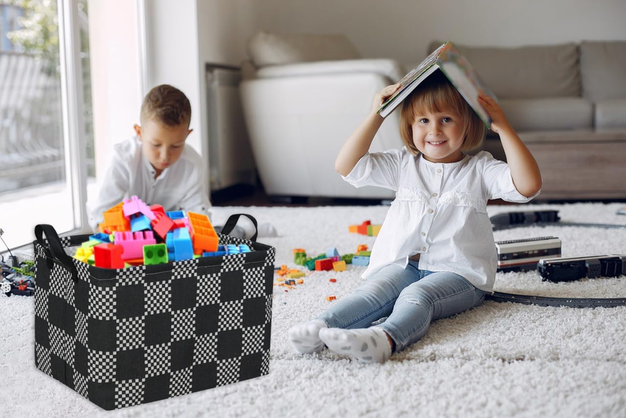 Essme Rectangular Boys Basket,Storage Basket with Handles for Room Decor,Car Storage Bin（Black grid） image 2