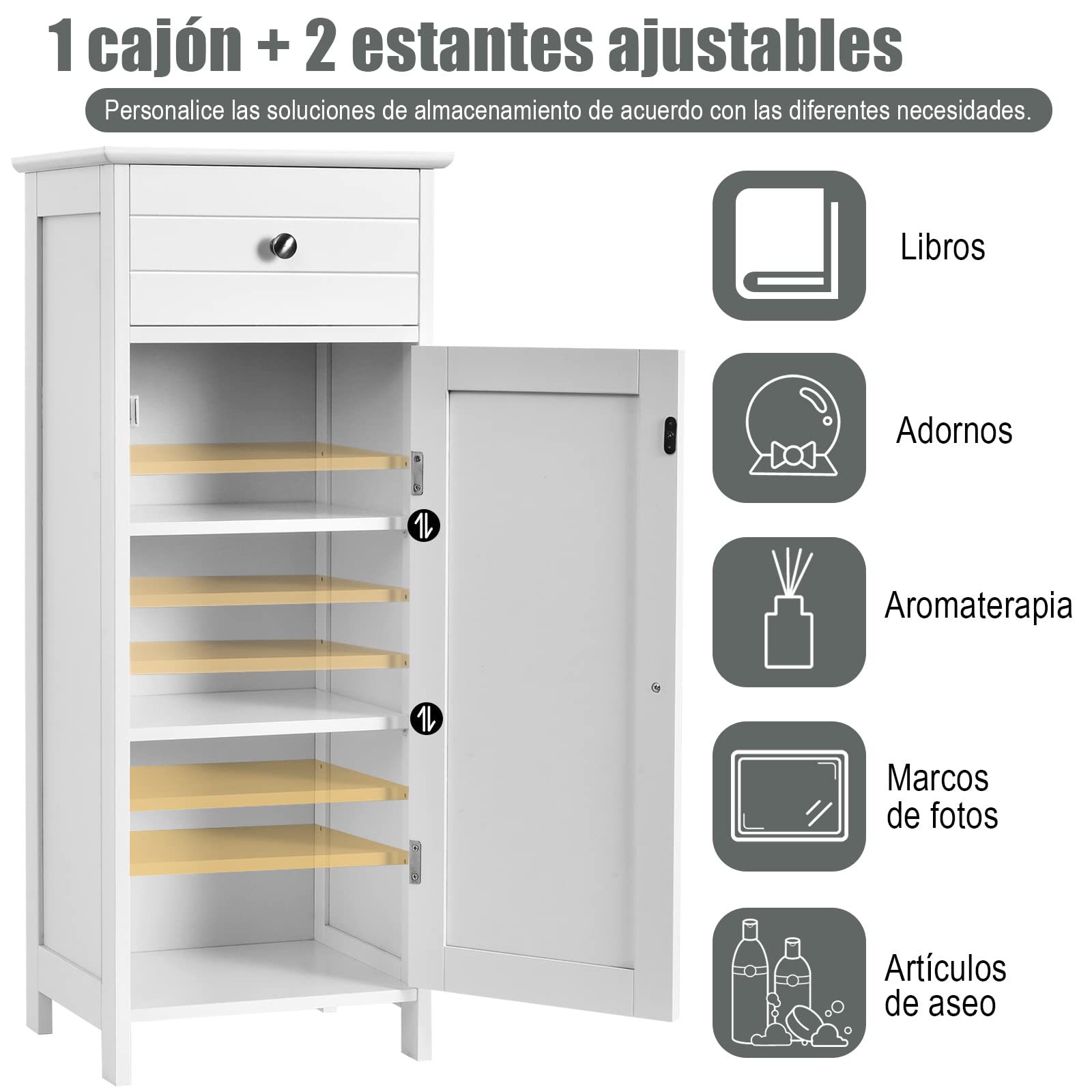 COSTWAY Armario de Pie para Baño Organizador, Madera con Cajón Mueble Aparador Lateral para Cocina Salón Almacenamiento 35.6 x 30.5 x 88cm (Blanco)